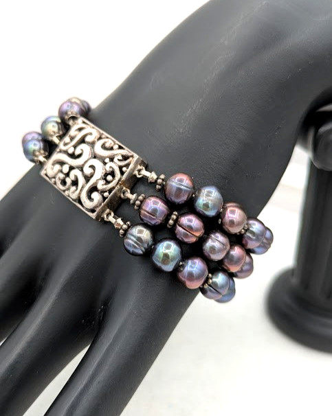 Vintage Peacock Pearl Bracelet Sterling Silver 925 3 Strand Freshwater Pearl