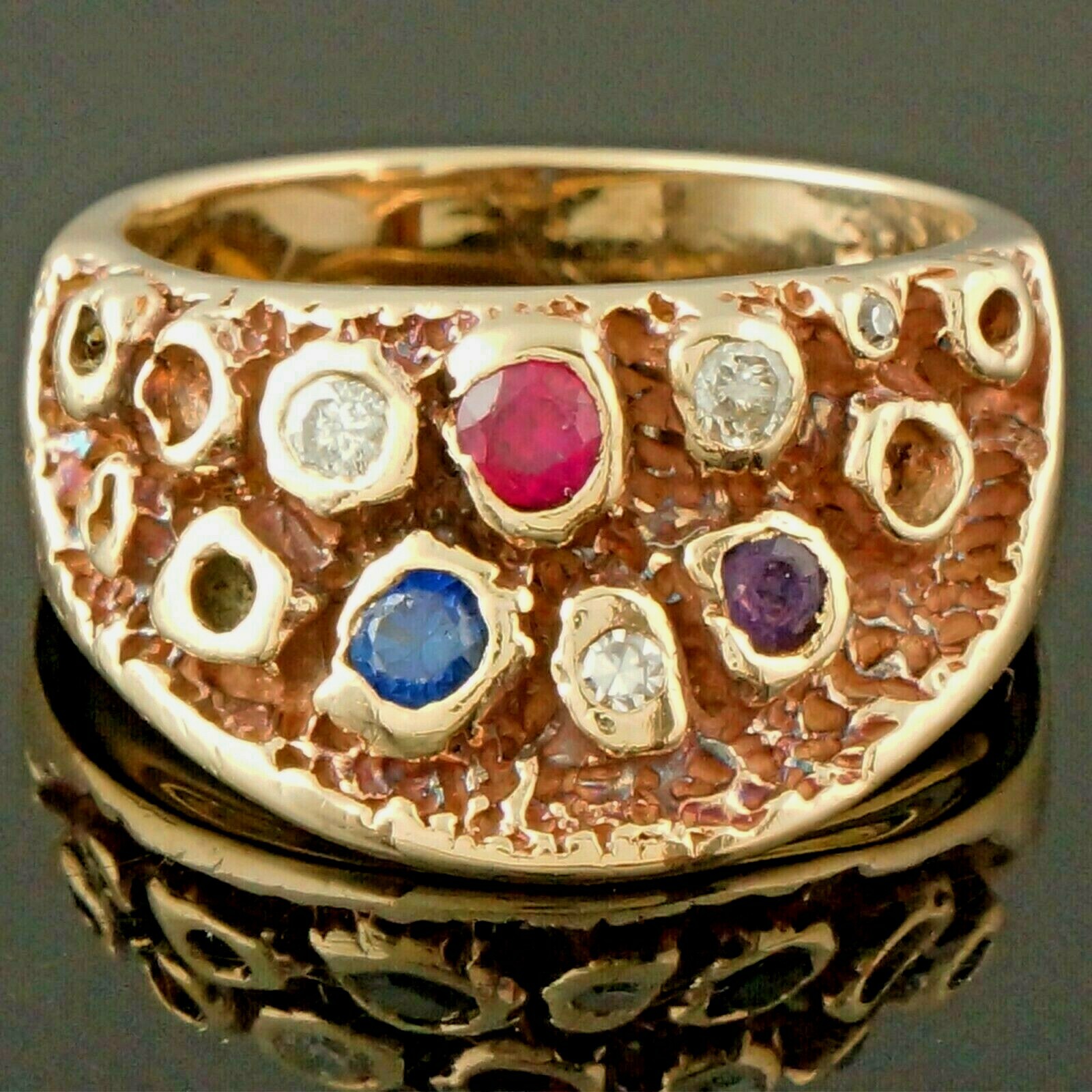 Custom Solid 14K Yellow Gold Ruby, Sapphire, Amethyst, Diamond Half Moon Ring