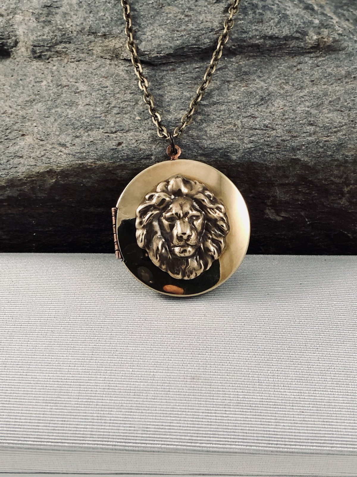 Vintage Lion Locket Necklace, Antique Brass Photo Pendant Pill Keepsake Box