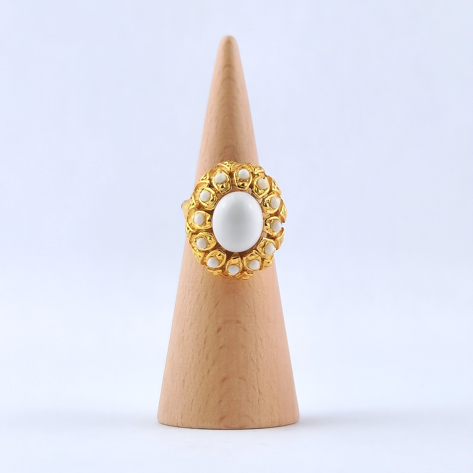 Vintage Gold Tone White Cabochon Adjustable Statement Cocktail Ring