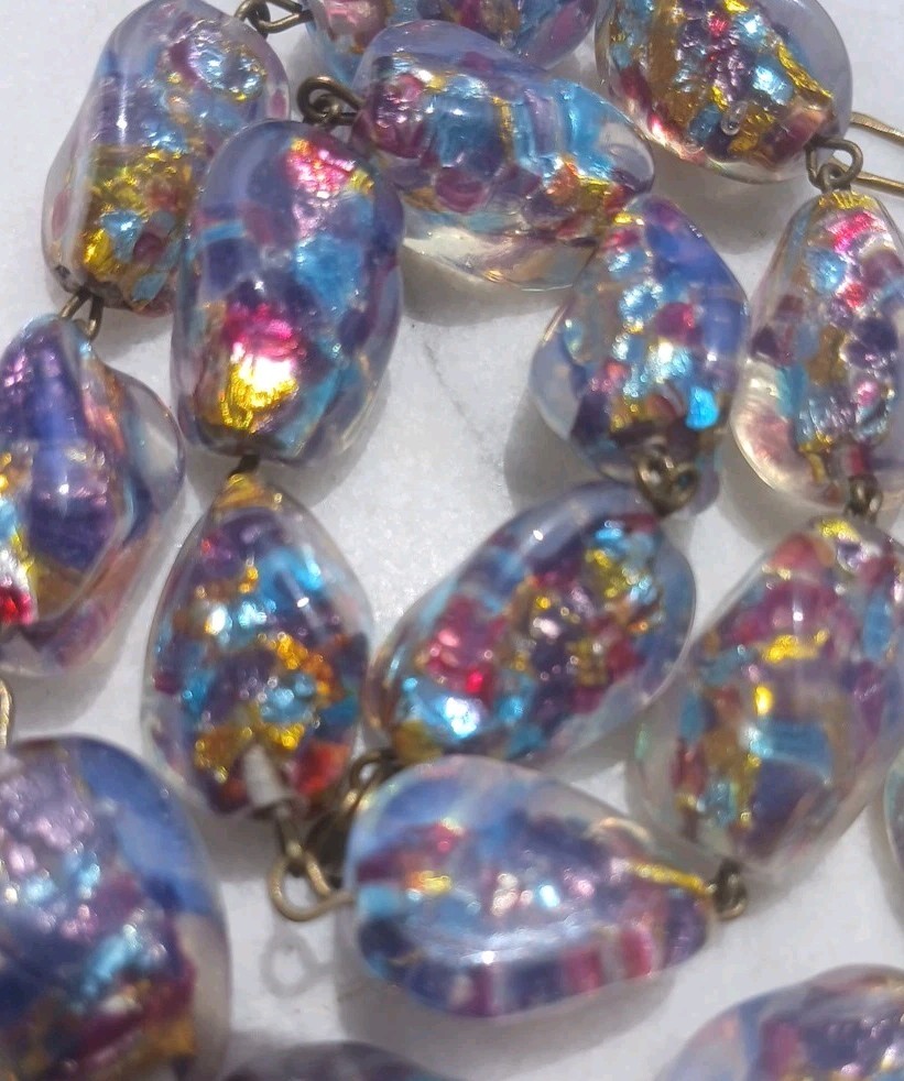 HUGE ANTIQUE JAPAN OPAL CONFETTI GOLD SILVER FOIL ART GLASS NECKLACE SET OOAK