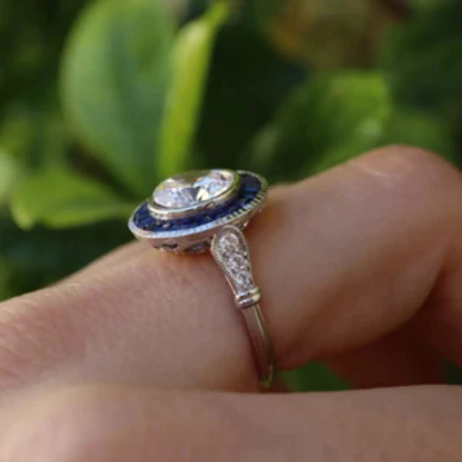 Art Deco Style Halo Lab Created Diamond Sapphire 14K White Gold FN Wedding Ring