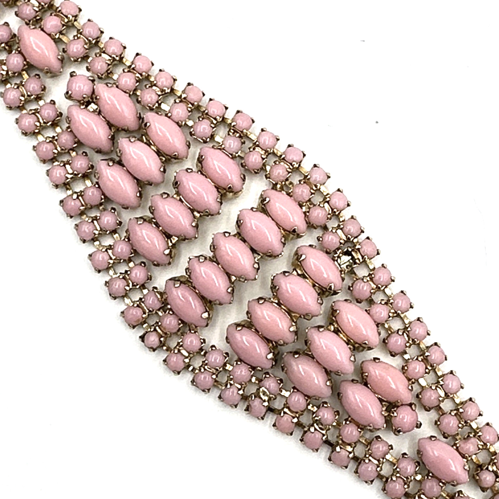 PINK cabochon vintage bracelet – 6.75″ prong-set glass wide pastel – READ