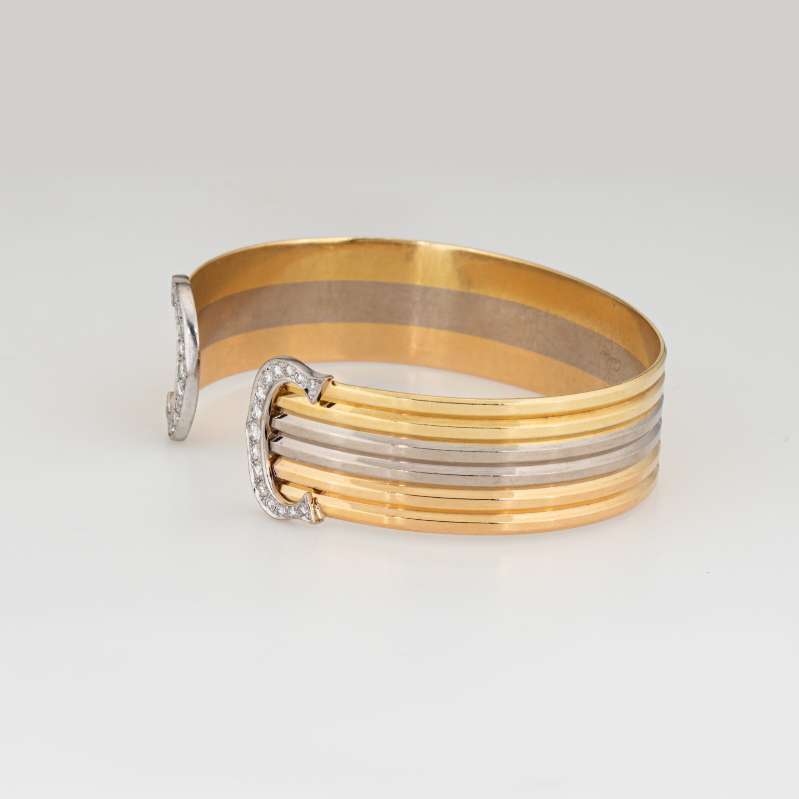 c1980s Cartier Double C Diamond Bracelet 18k Tri Gold Cuff Vintage Fine Jewelry