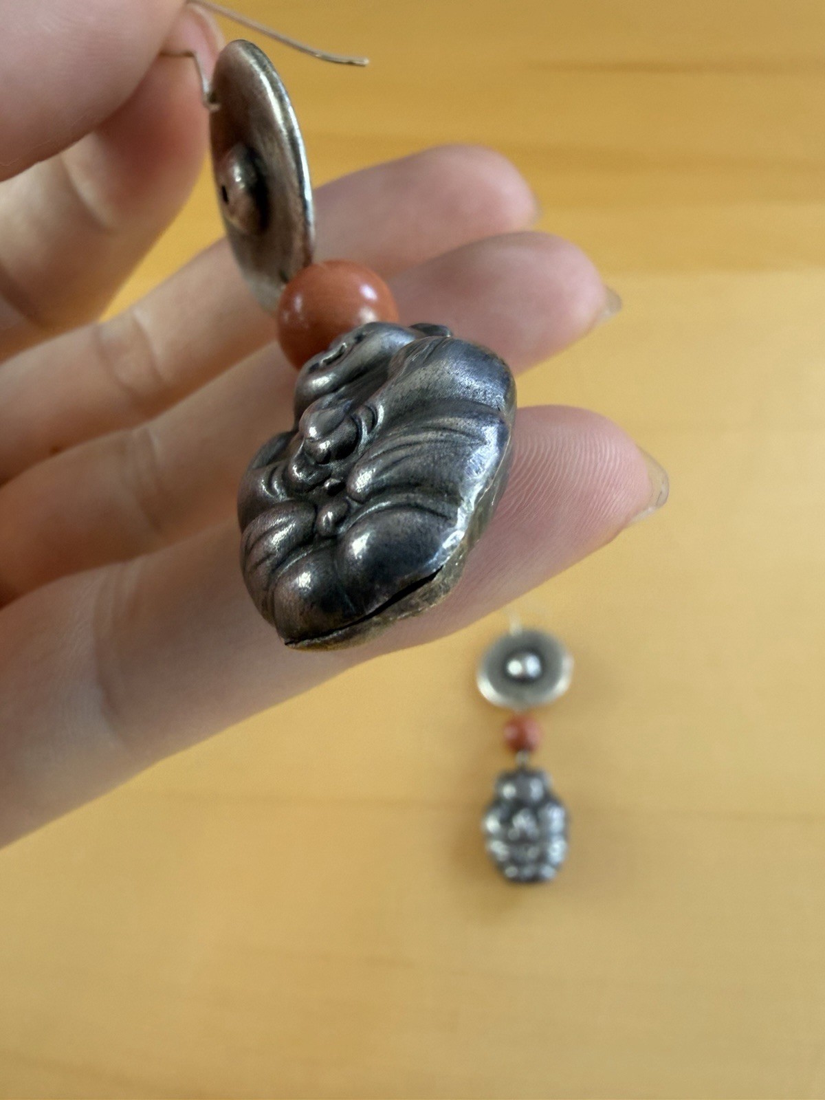 Antique Ching Qing Period Chinese Dangle Coral Happy Baby Sterling Earrings RARE