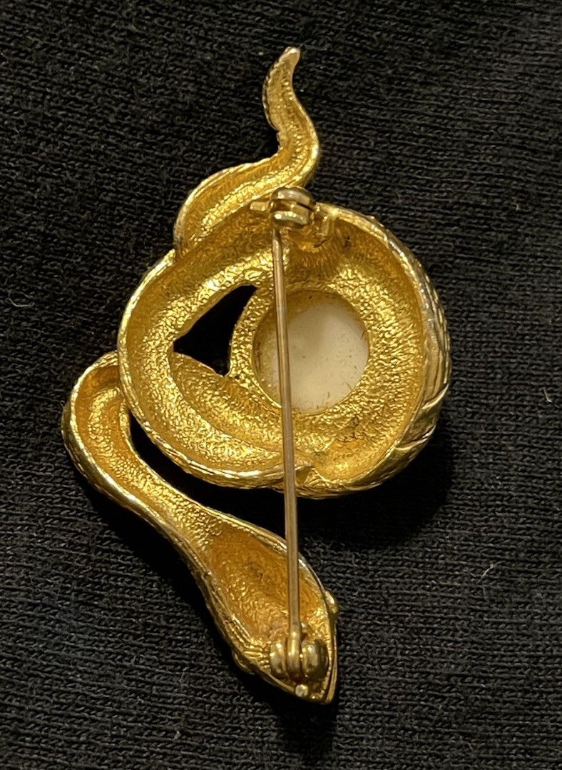 Vintage Gold Tone Snake Serpent Brooch & Ring Set Cabochon Center Ring Sz 8
