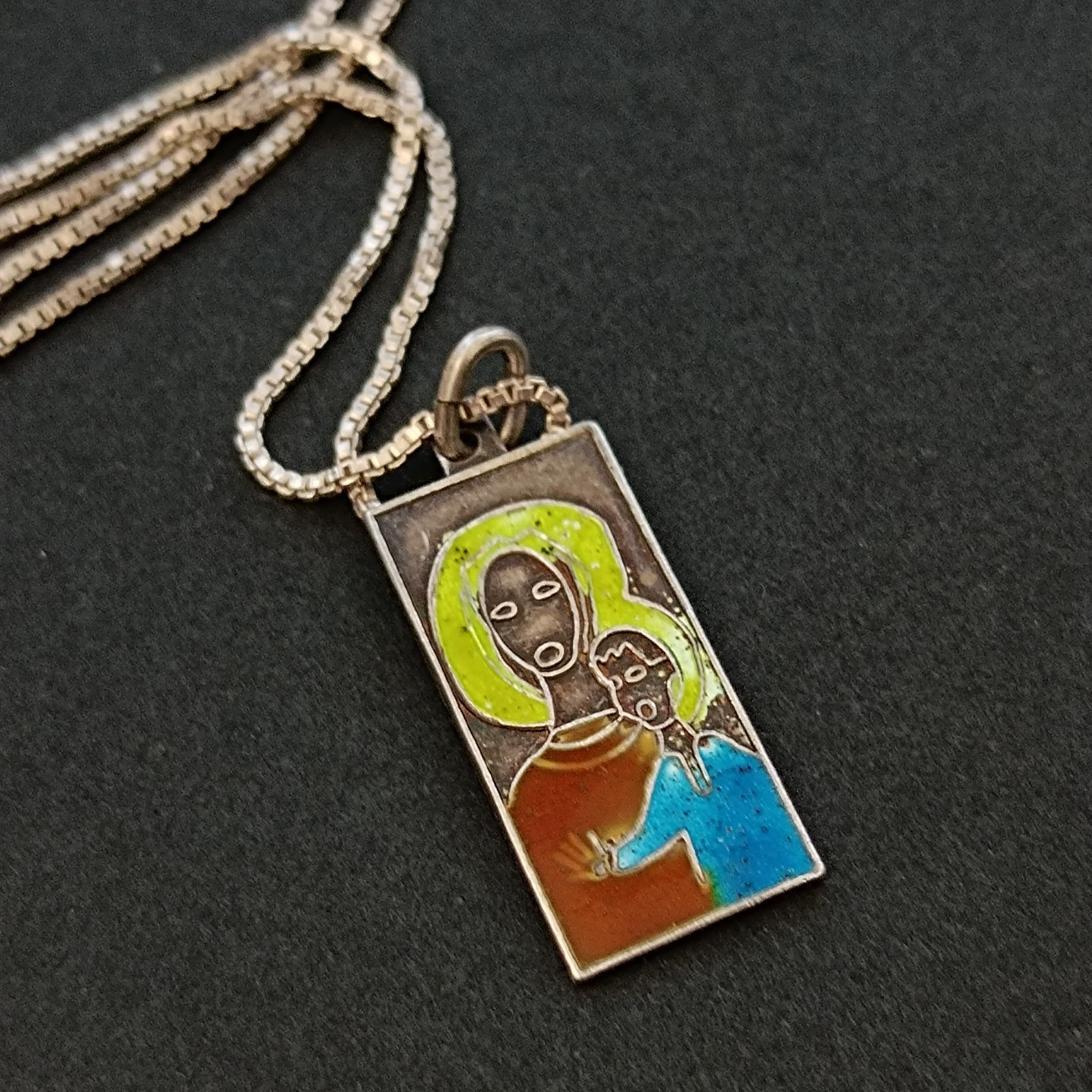 VTG 950 Silver Enamel Necklace Modernist Woman Child Artisan Abstract Pendant