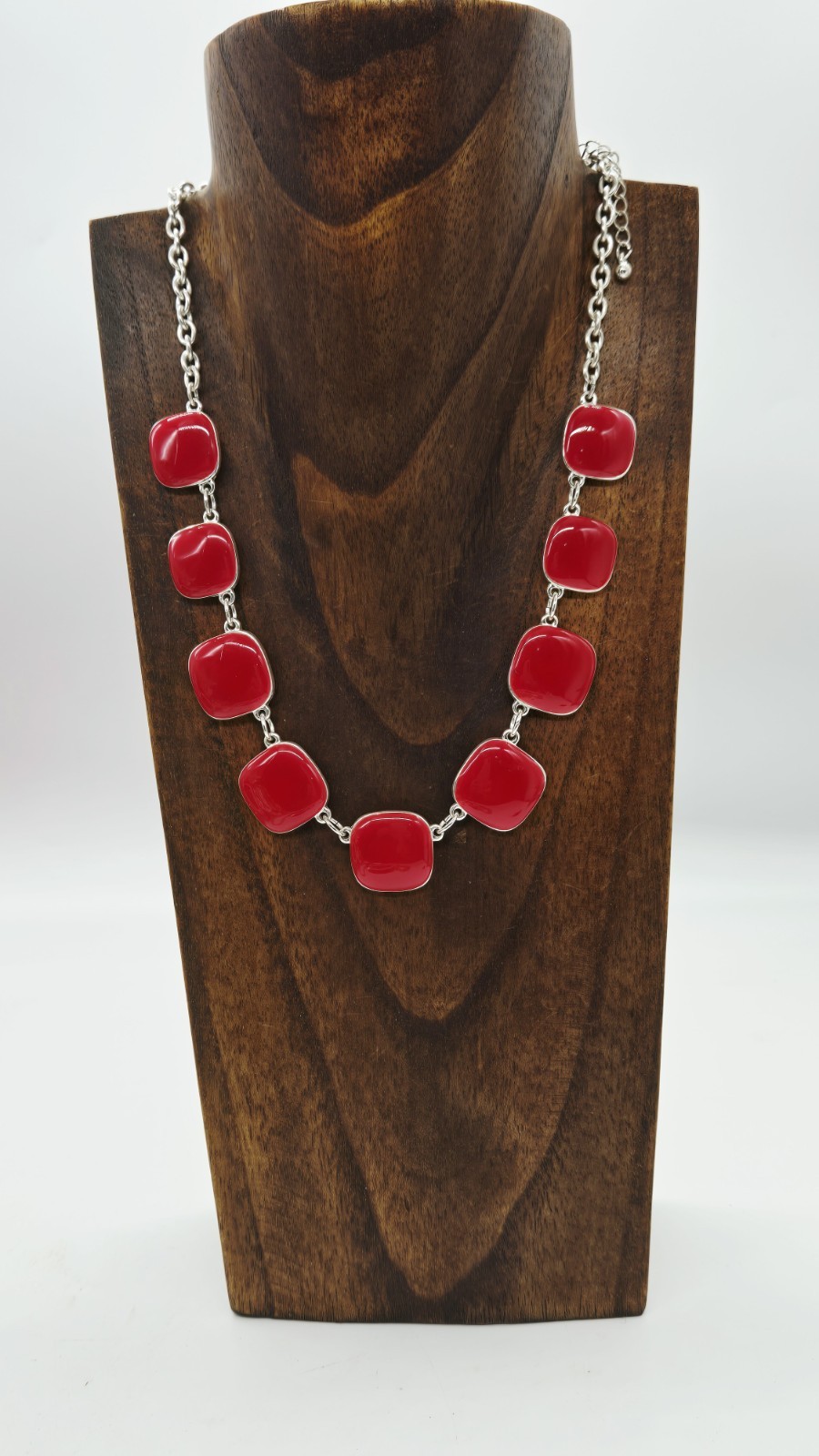 Red Enamel Square Link Necklace Silver tone Art Deco Collar Vintage 21 in