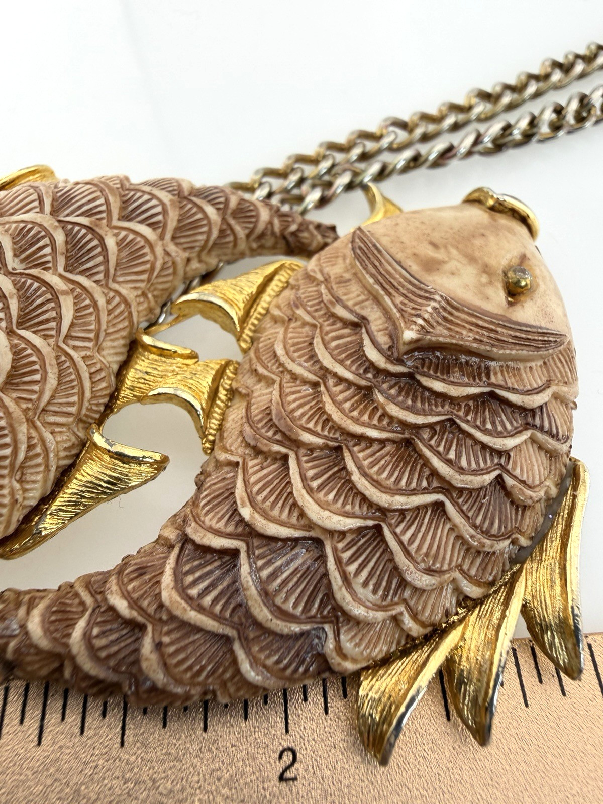 Vintage Razza Double Fish Necklace Carved Resin Faux Bone Gold Tone Large Pisces