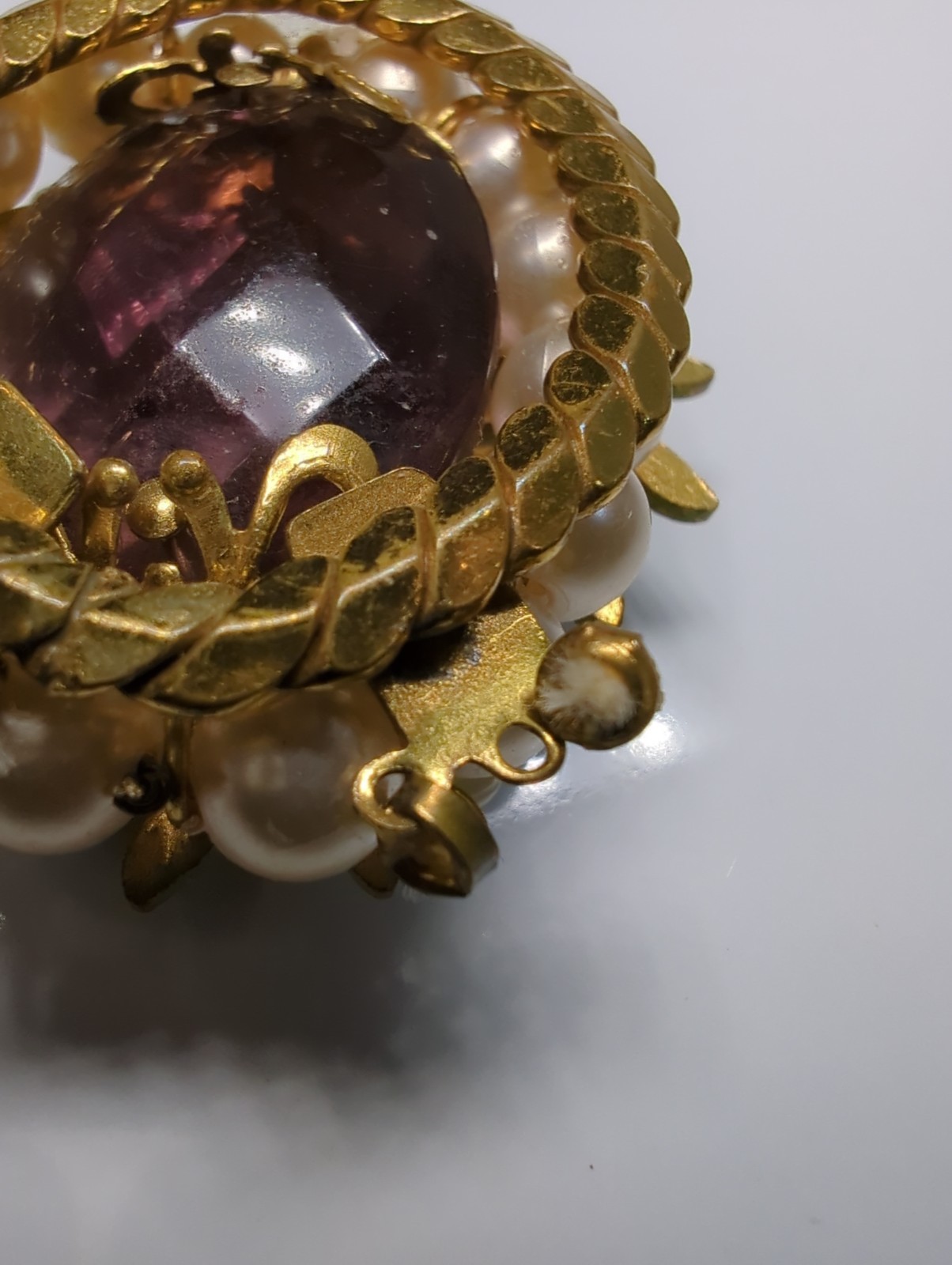 Vintage Wreath Pendant Necklace Delicate Pearl Flowers Amethyst Green Enamel