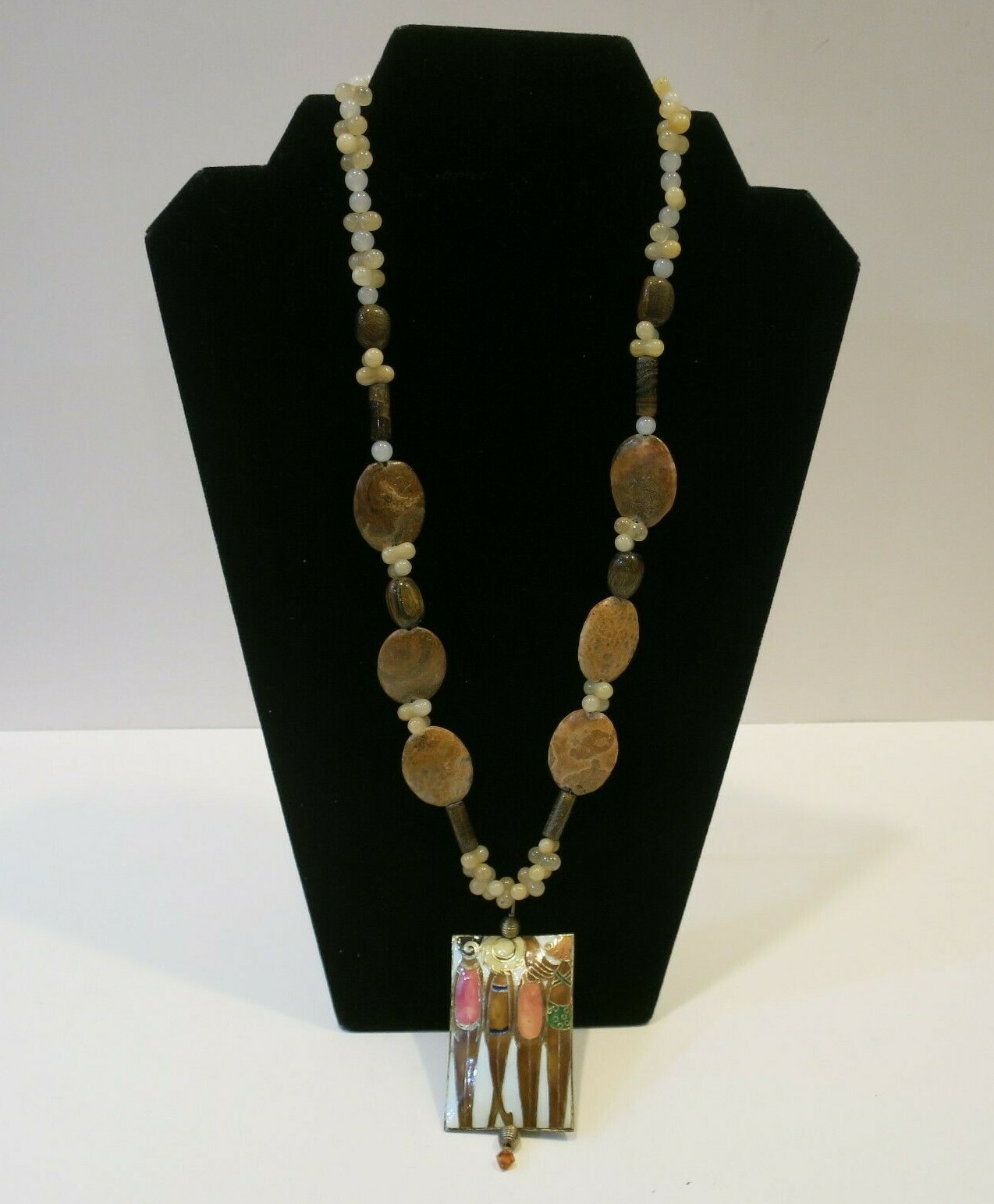 Art Deco Girls at Beach Cloisonne Stone Bead 24” Long Necklace Swimsuit Gold