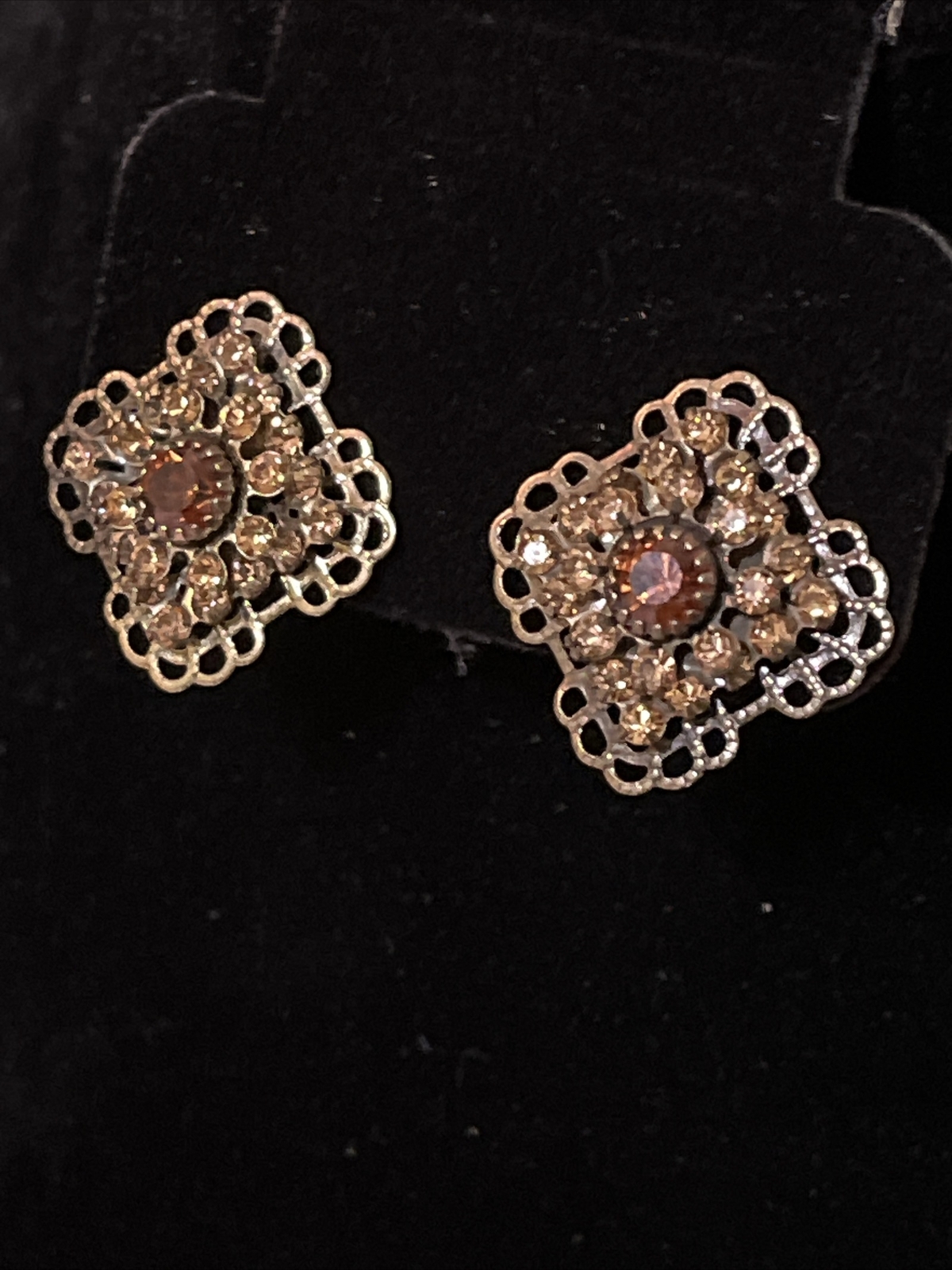 Vintage Avon Bronze Topaz Color Rhinestone Square Clip On Earring Retro Elegant