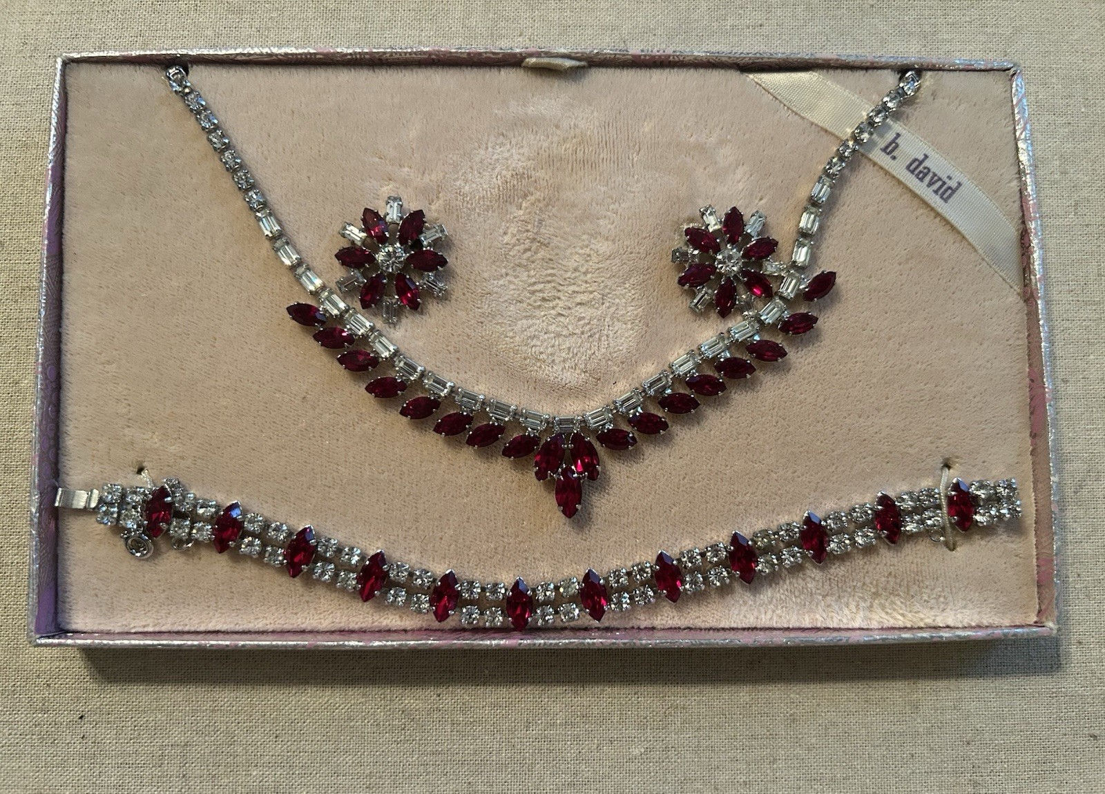Vintage B David 3pc Red & Clear Rhinestone Necklace Bracelet Clip Earrings