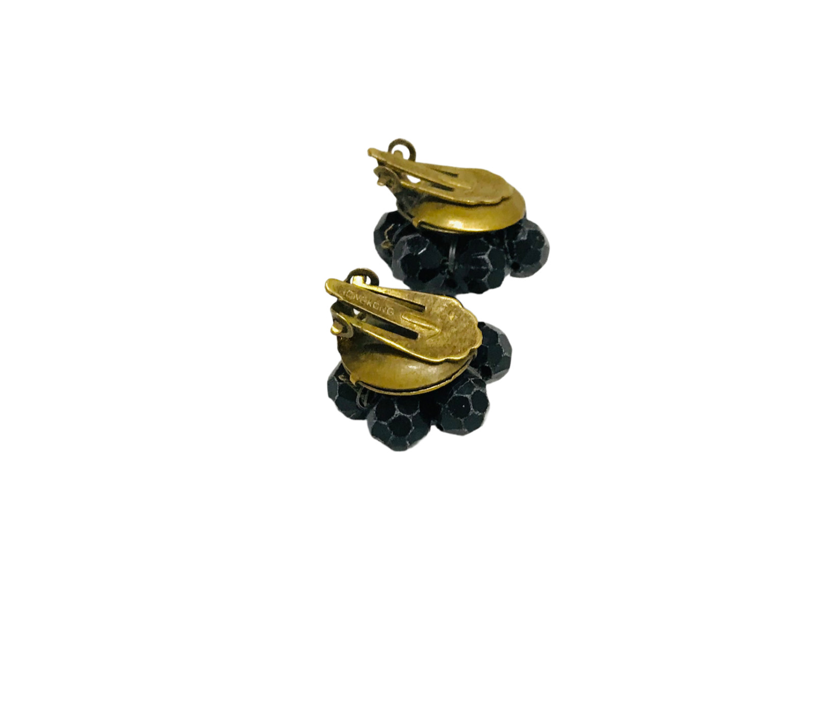Vintage Hong Kong Japan Black Lucite Bead Cluster Clip On Earrings Black White