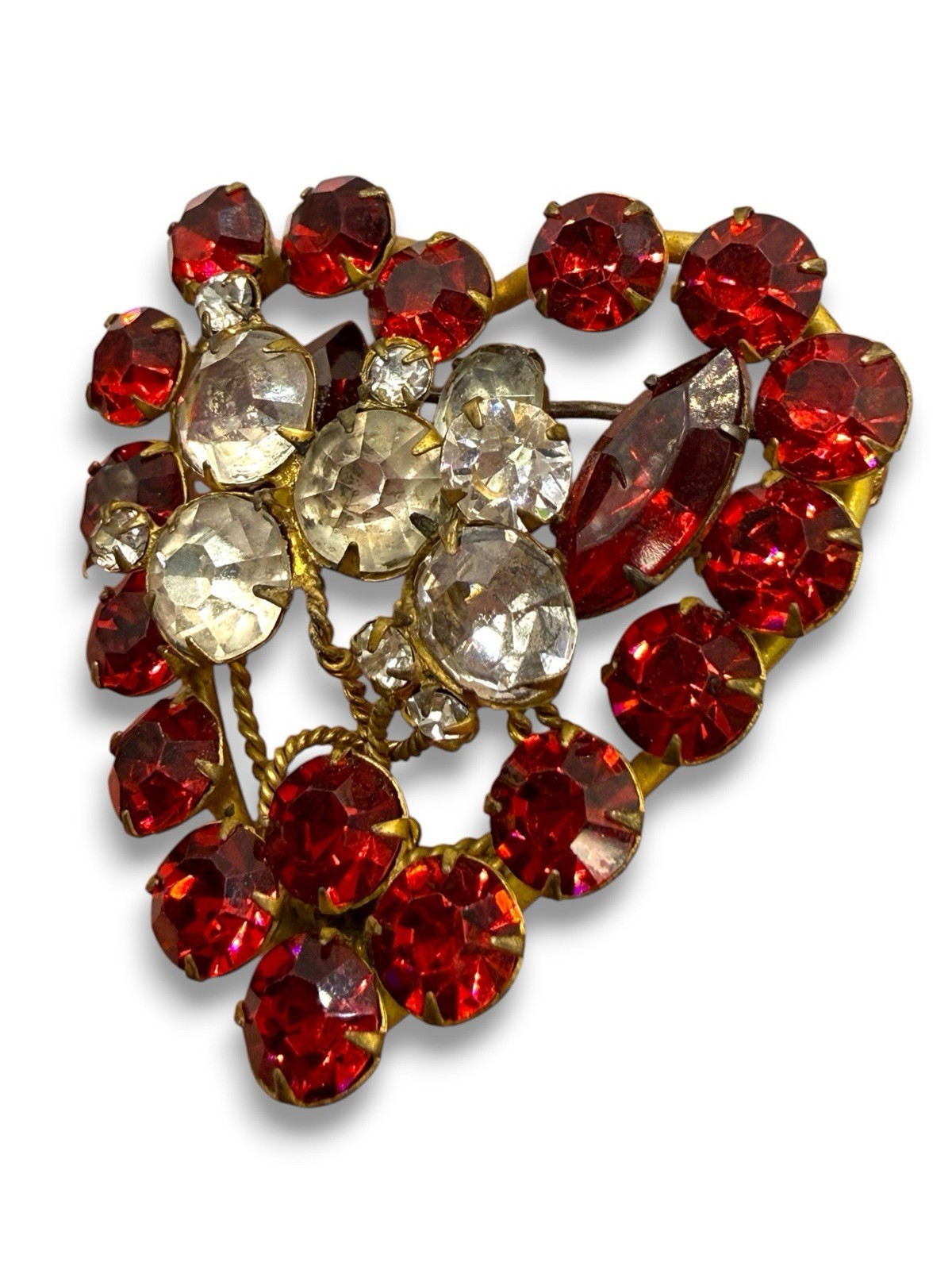 Vintage 50s 60s Czech Ruby Red Glass Rhinestones Heart Valentines Brooch Pin