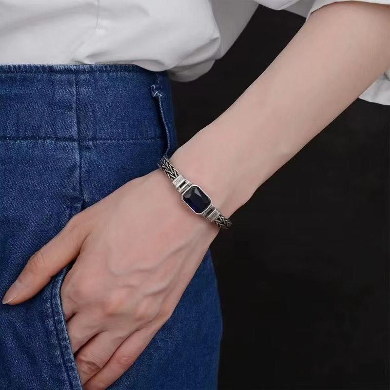 S925 Sterling Silver Couple Style Hand-Knitted Bracelet Old Vintage Stone Men