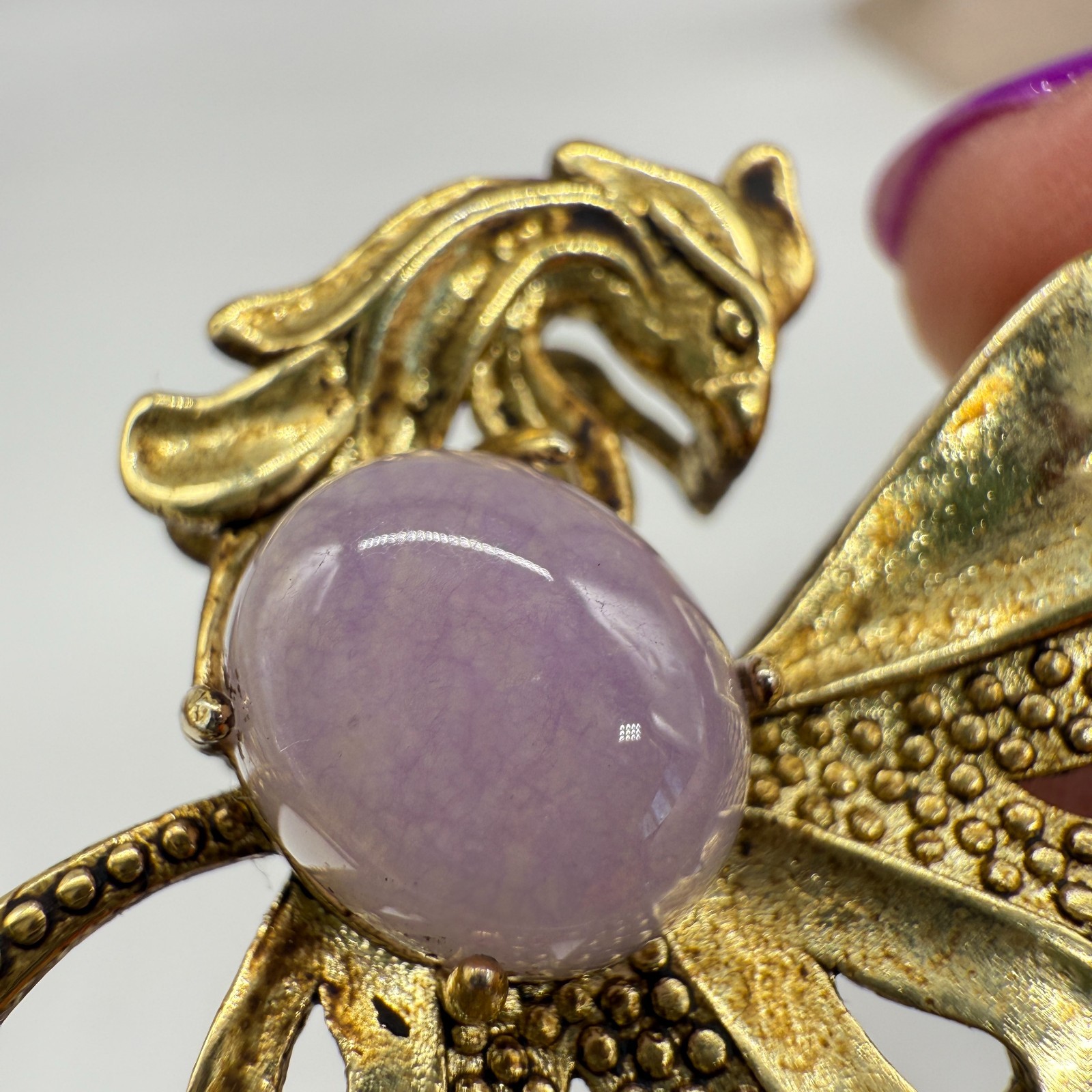 Vintage Peacock Pendant Necklace Purple Cabochon Belly Green Rhinestones