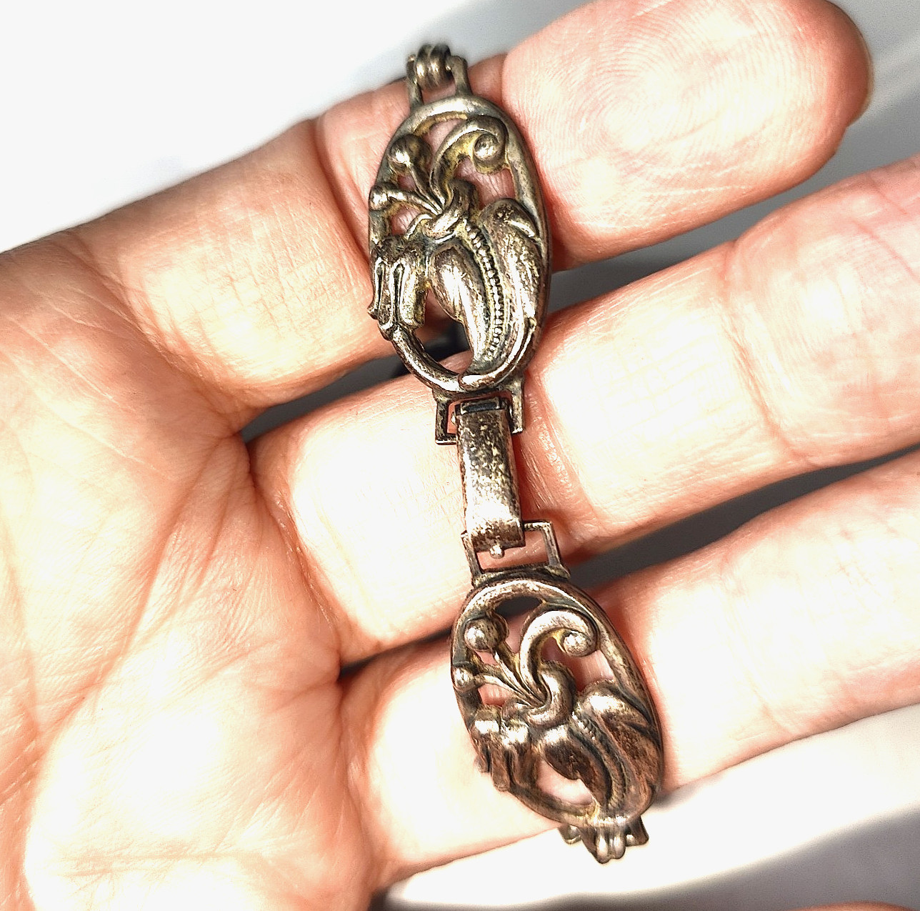 Danecraft Art Nouveau Revival Sterling Silver Signed Flower Panel Link Bracelet