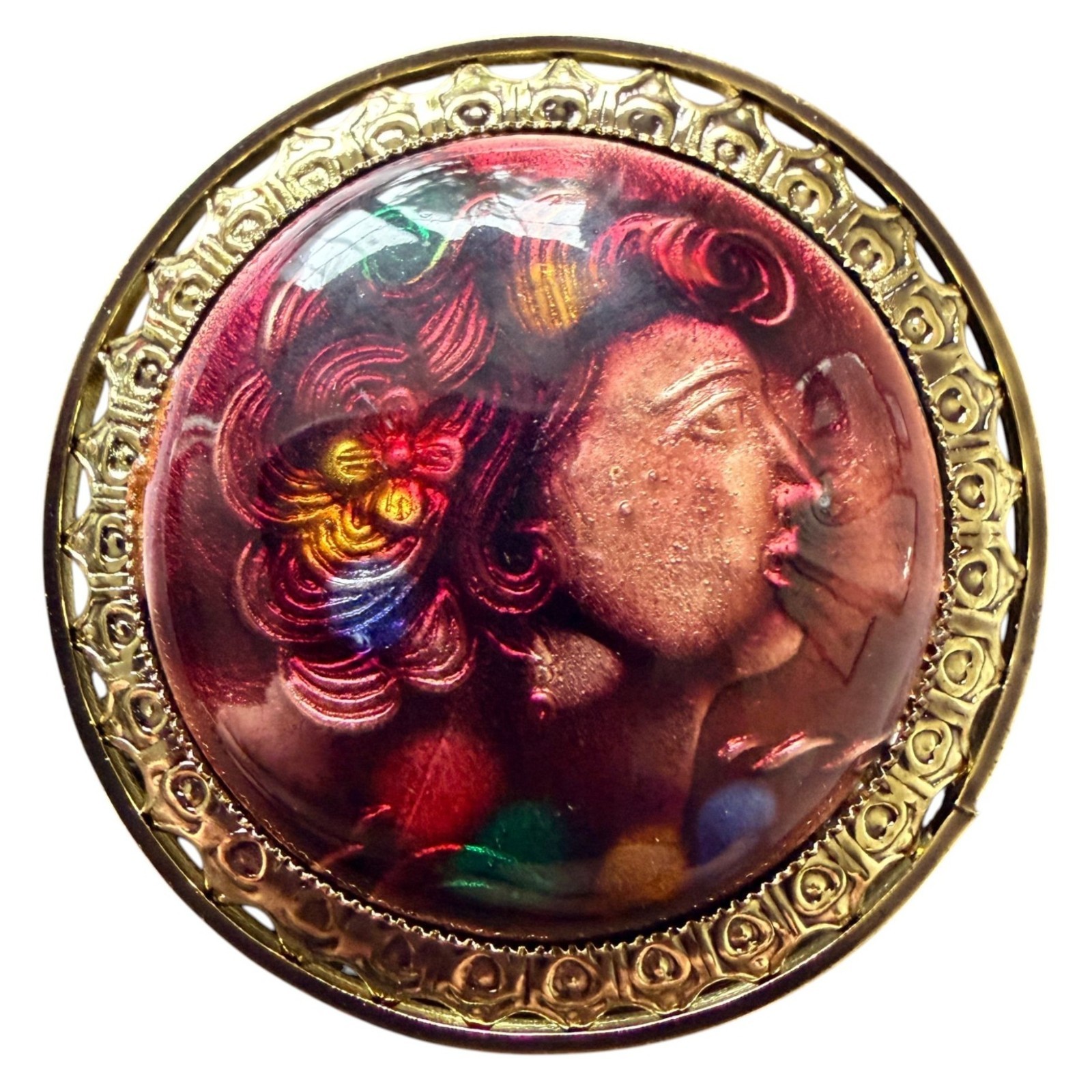 Vintage 1950s Reverse Carved Lucite Renaissance Lady Brooch New Old Stock