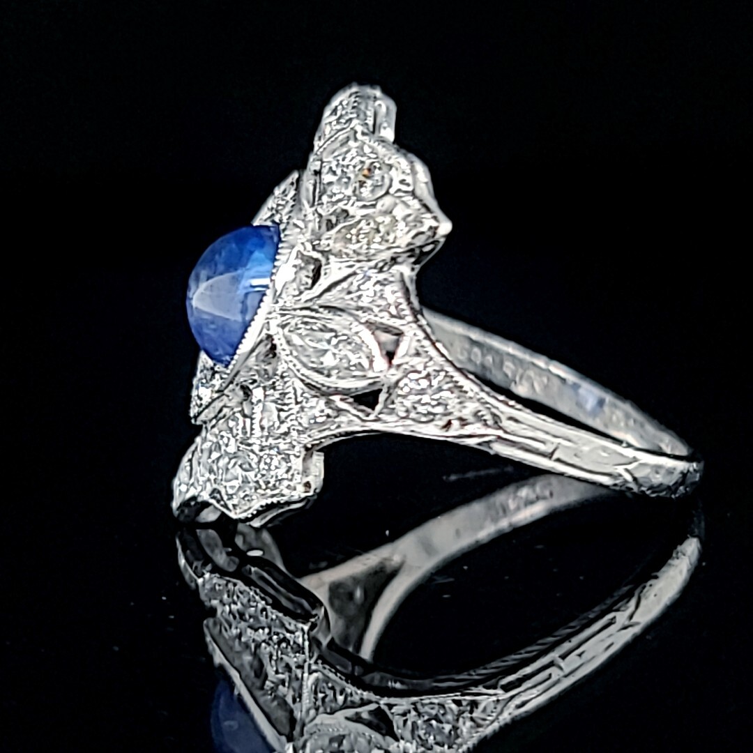 Vintage Platinum Ring 1.23CT. Natural Blue Sapphire cabochon round circ 1930’s