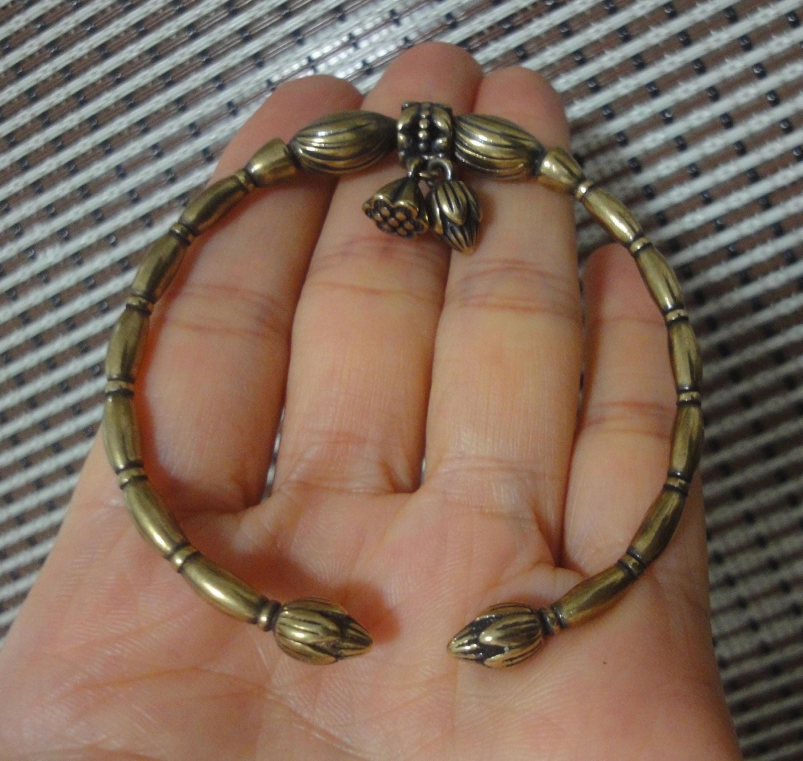 Vintage Knick Knacks Solid Brass Lotus Flower and Seed Dangle Bracelet Bangle