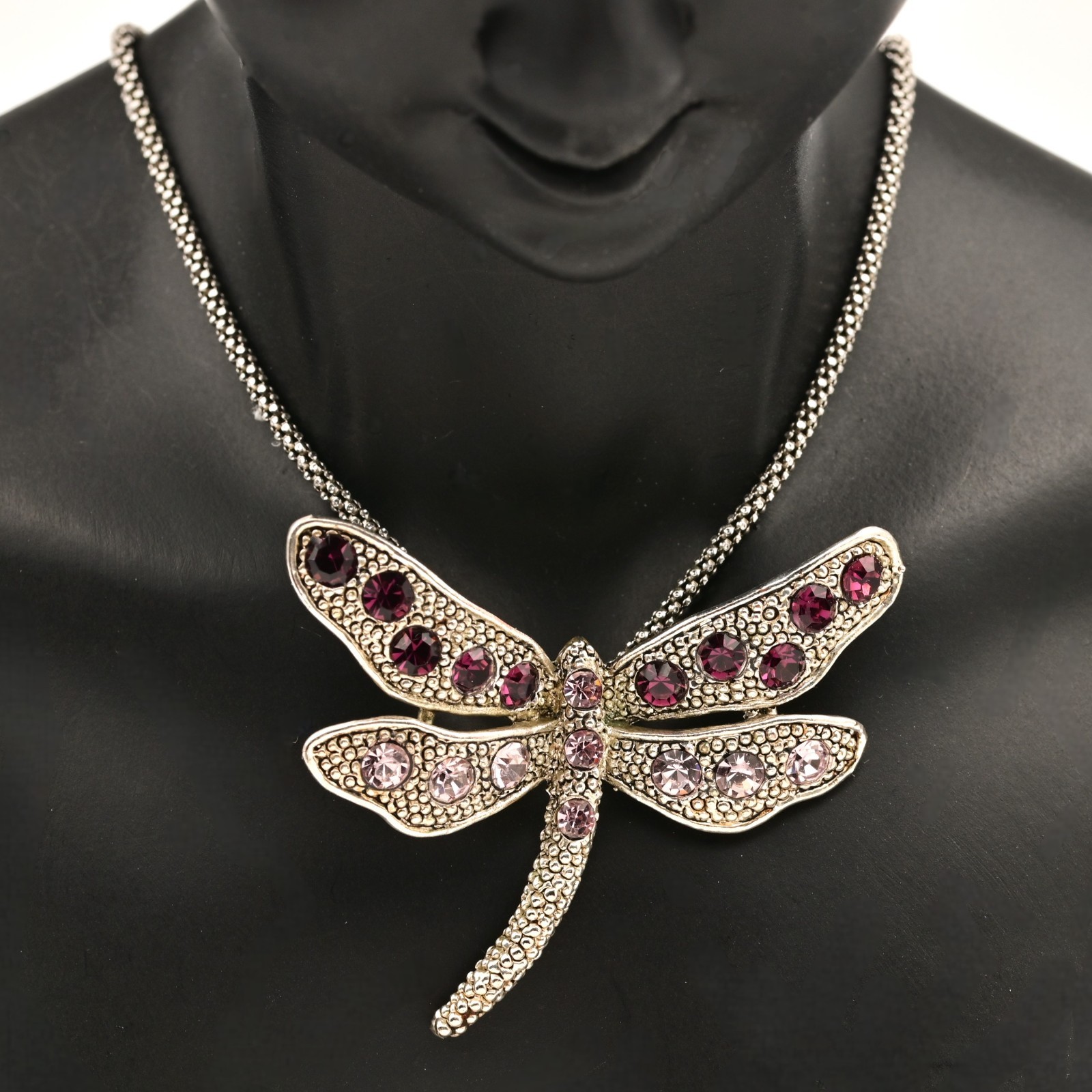 Vintage Original Sterling Silver Pink Gemstone Dragonfly Pendant Estate Necklace