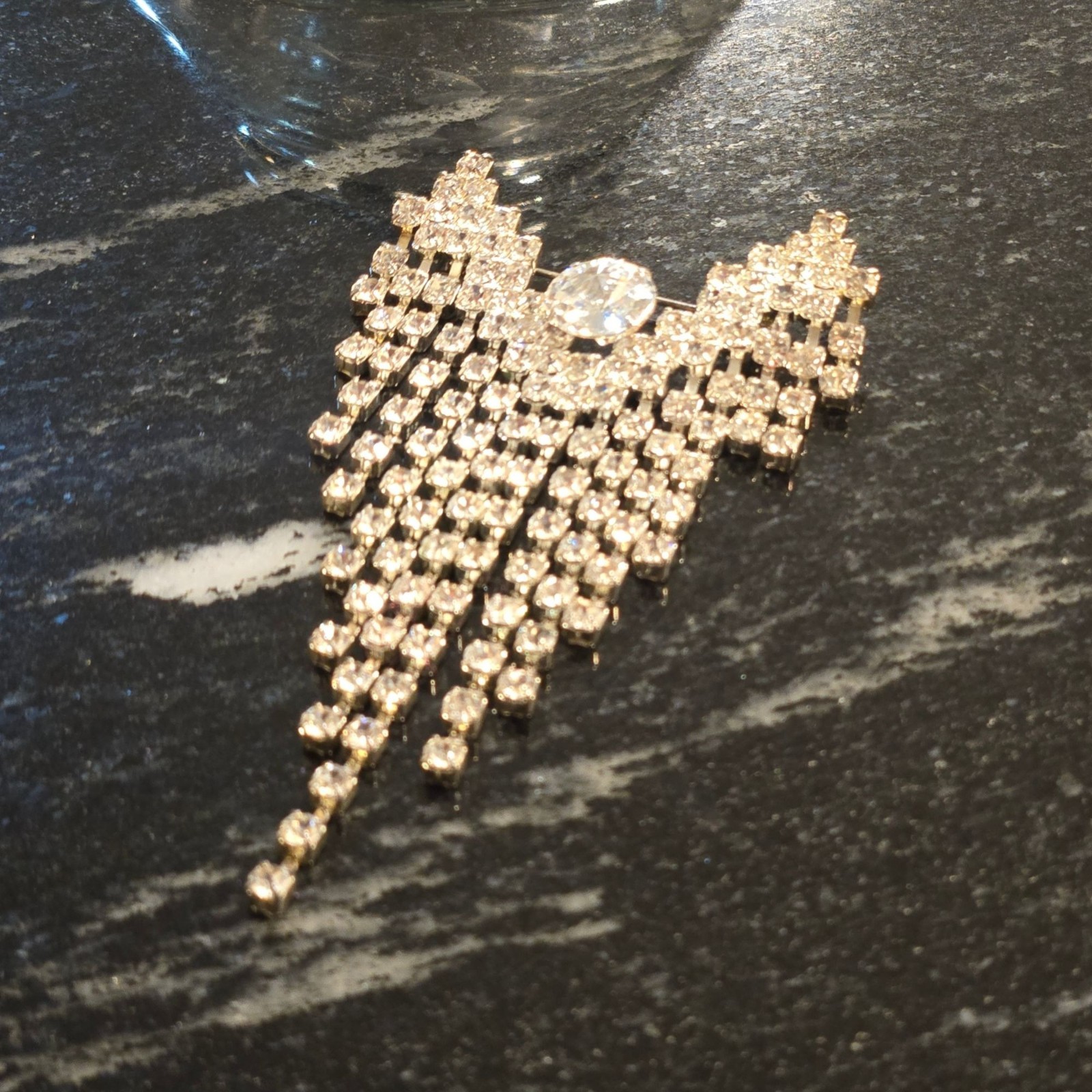 Antique Dramatic Rhinestone Brooch Cascading Fringe Rivoli Center Stone art deco
