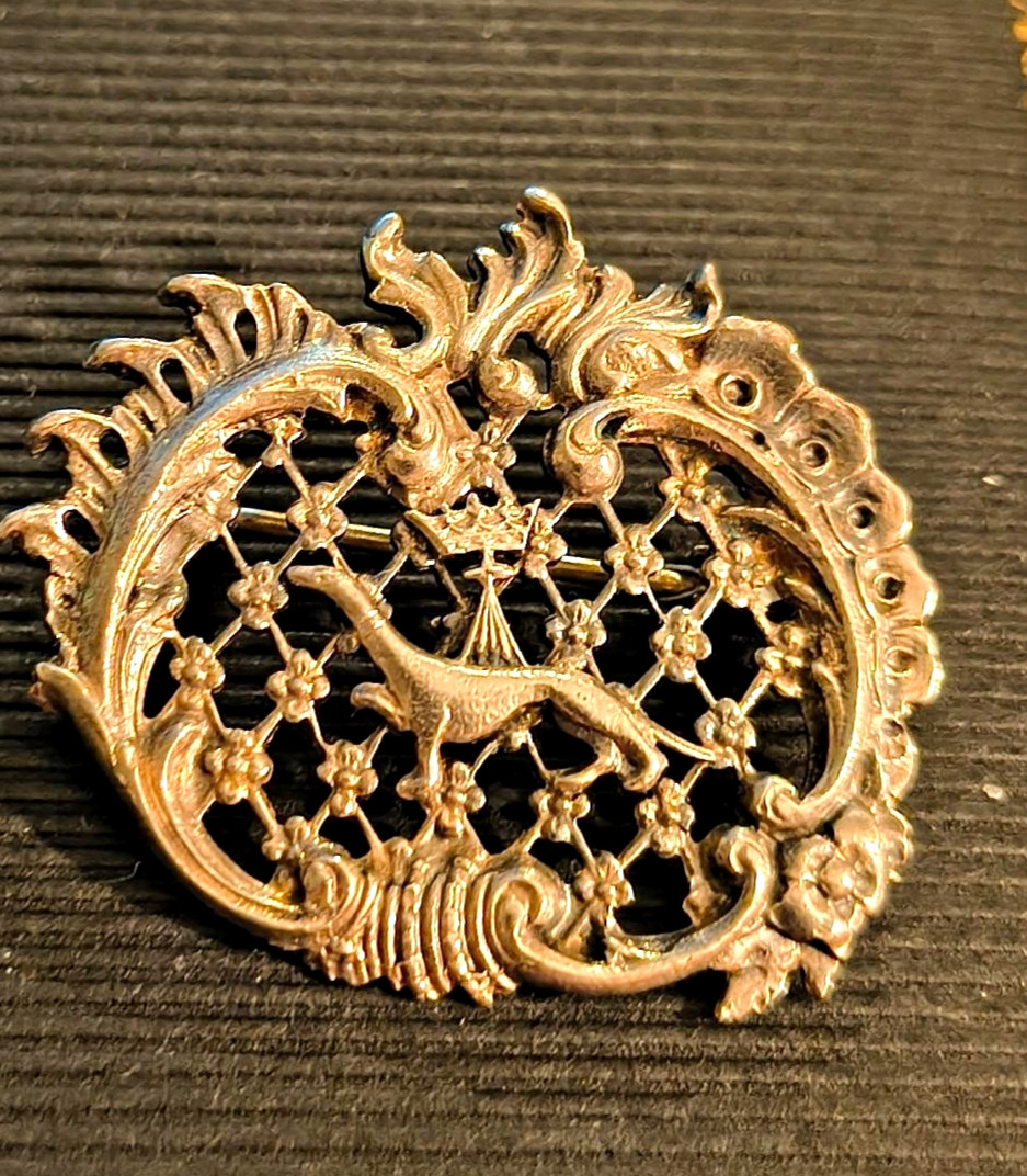 Antique French Filigree Brooch Anne Of Brittany Emblem, Crowned Ermine Ferret