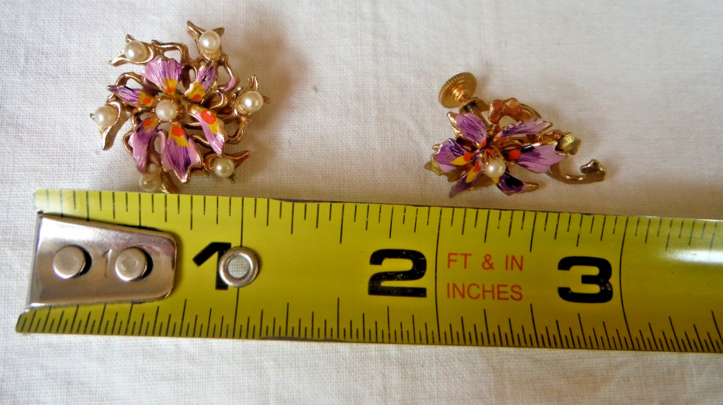 Vintage Set of Enamel Lavender Flower Pin Brooch & Earrings Seed Pearls