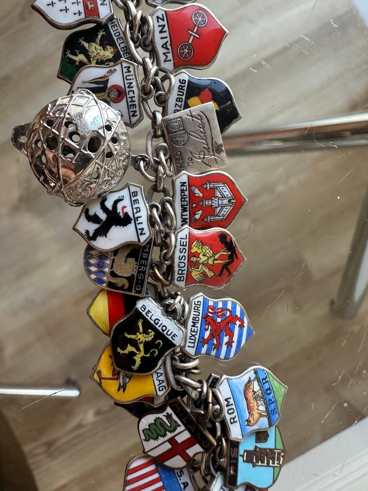 Sterling Silver Charm Bracelet & 35 Enamel European US Souvenir Travel Shields