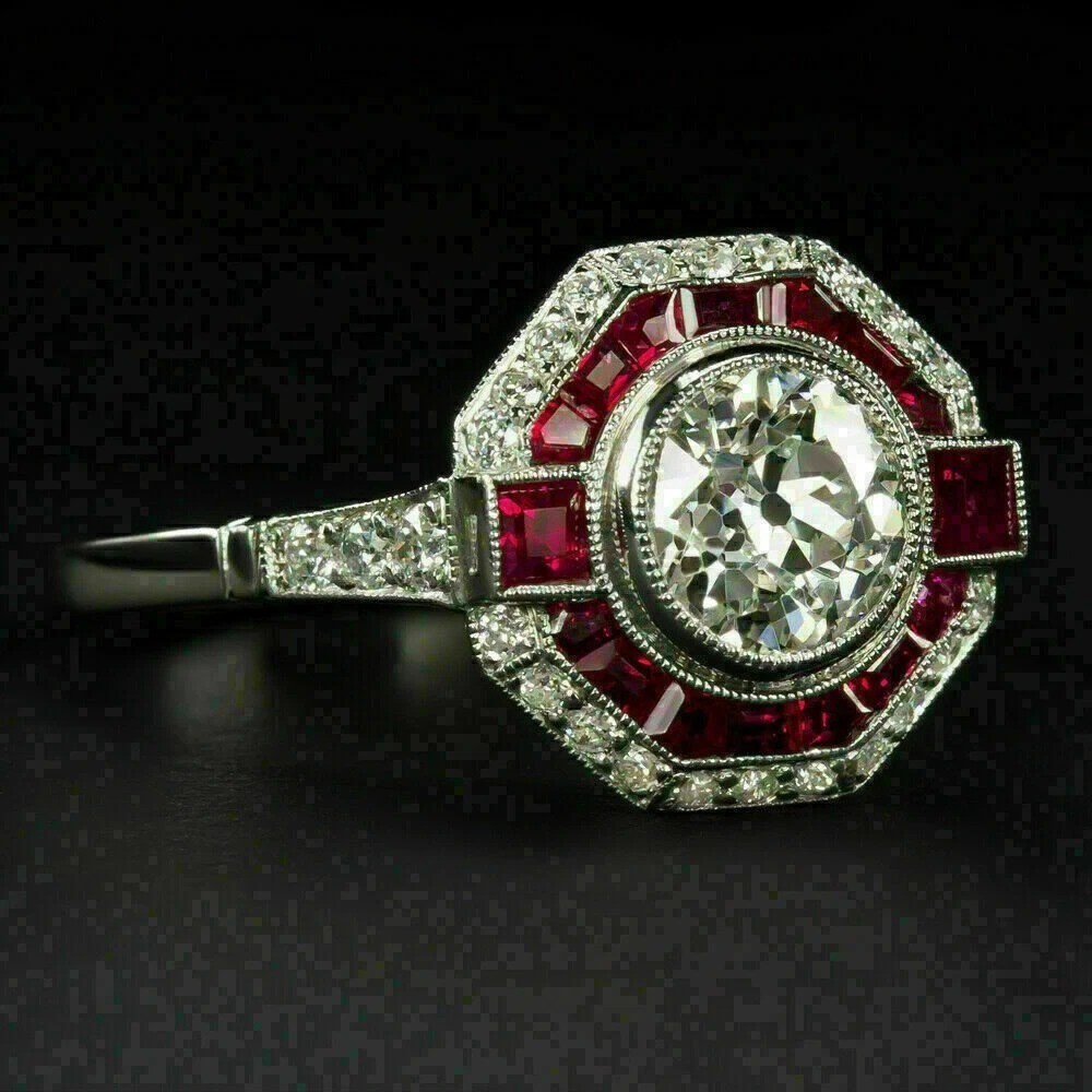 3.8Ct Art Deco Style Lab Created Diamond Ruby Engagement 14K White Gold FN Ring