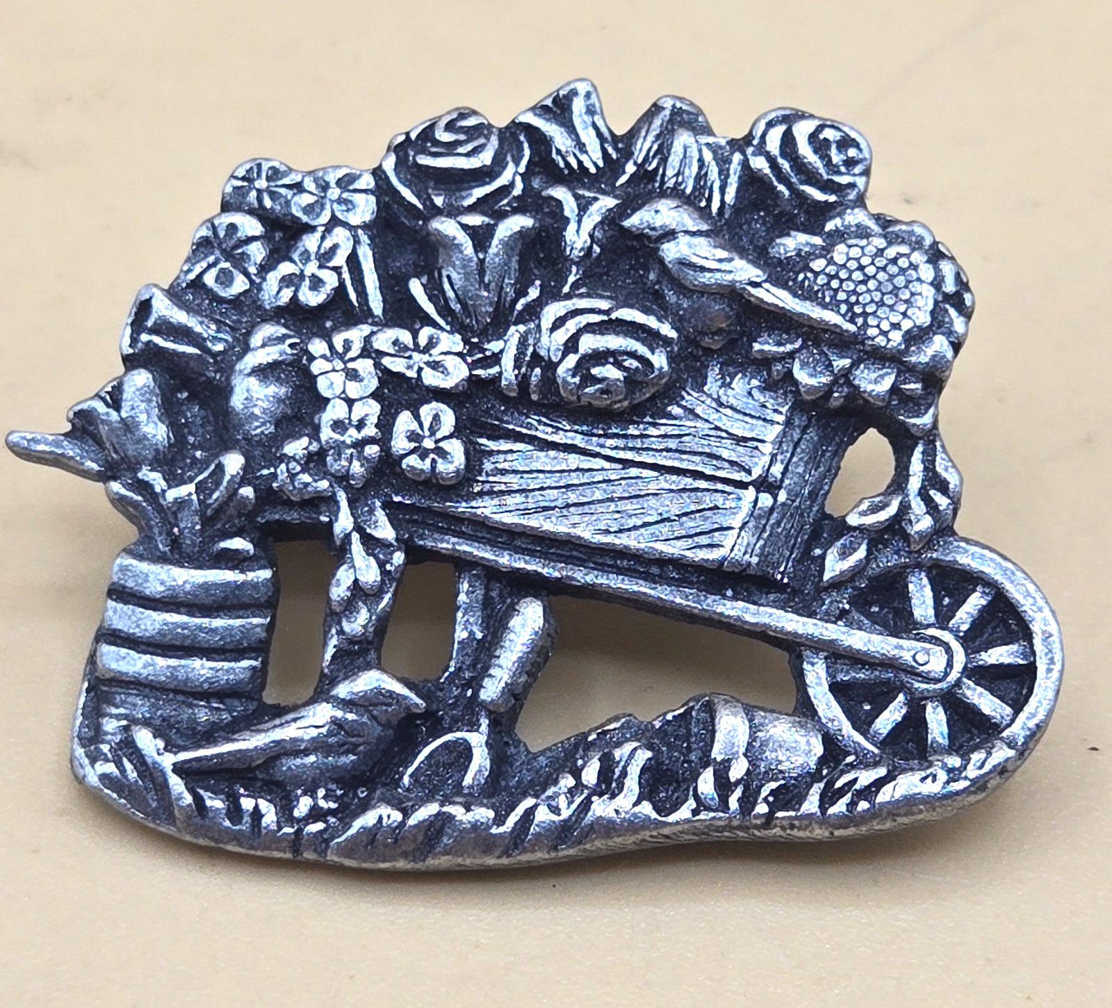 2001 Limited Edition Pewter Birds & Blooms Garden Cart Wheelbarrow PIN Brooch