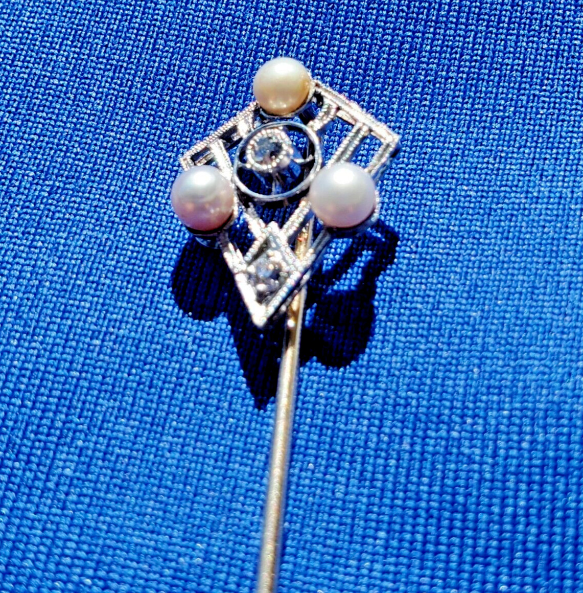 Original EARTH MINED DIAMOND Deco Gatsby era Pin Vintage Pearl 14K WHITE GOLD
