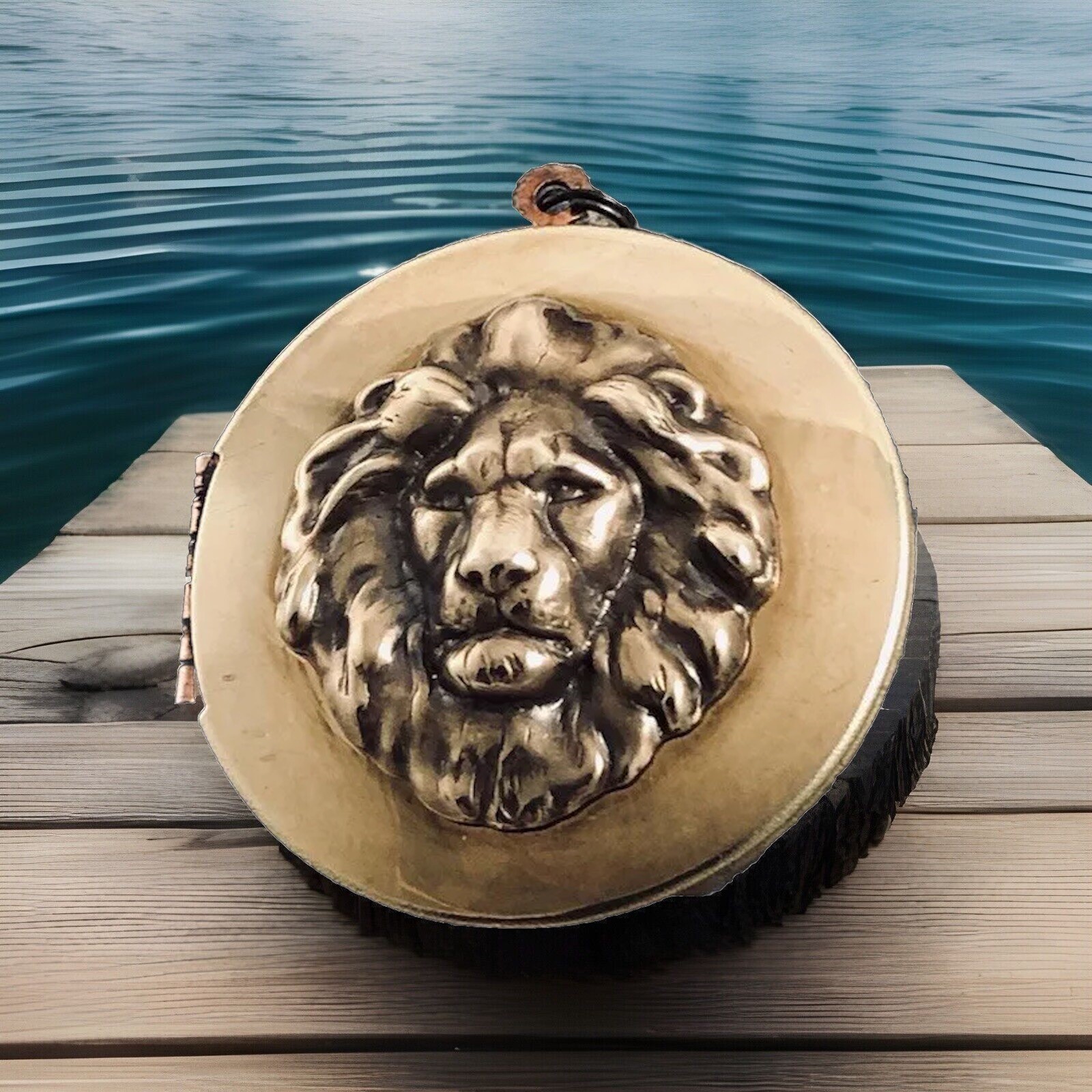 Vintage Lion Locket Necklace, Antique Brass Photo Pendant Pill Keepsake Box