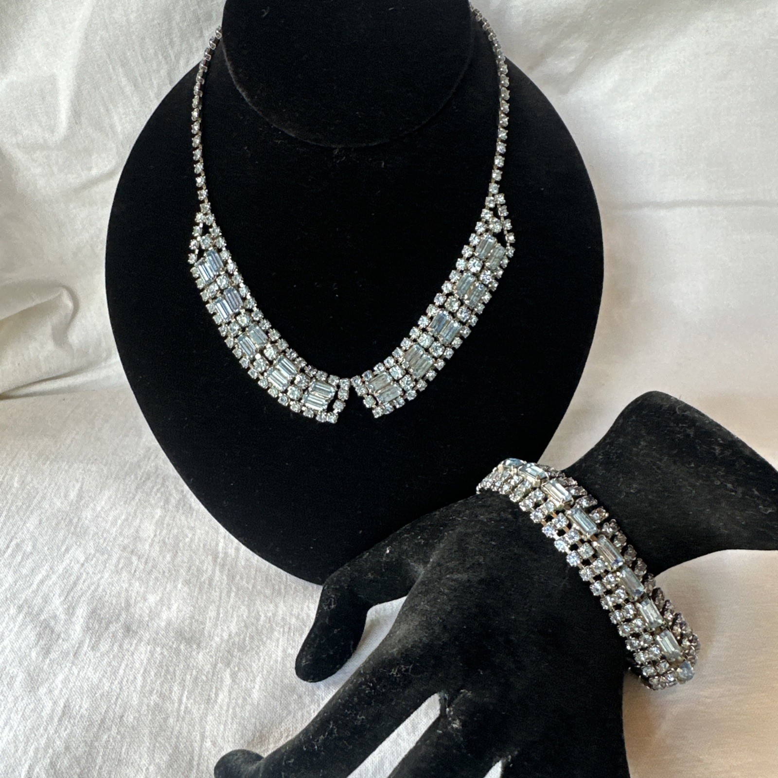 Vintage 1950 Blue Rhinestone Baguette Necklace And Bracelet