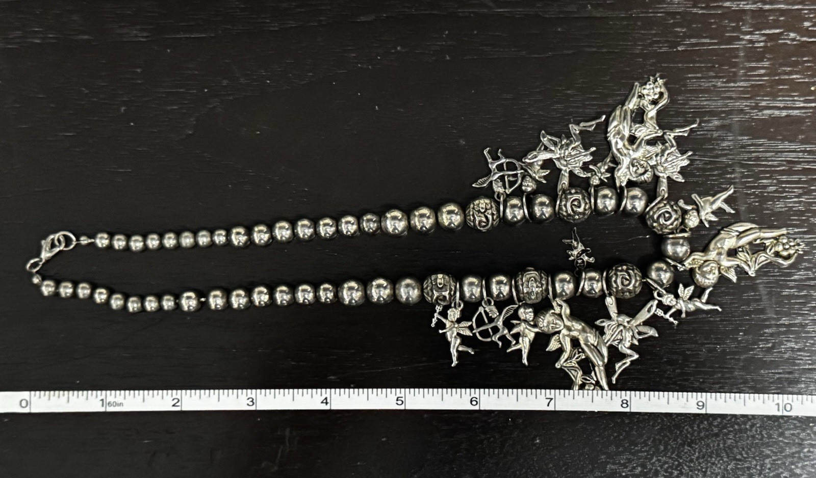 Vintage Silvertone Cherub Angel Charm Statement Necklace Pewter Style Boho