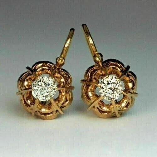 Art Deco Style Round Lab Created Diamond 14K Yellow Gold FN Wedding Earrings