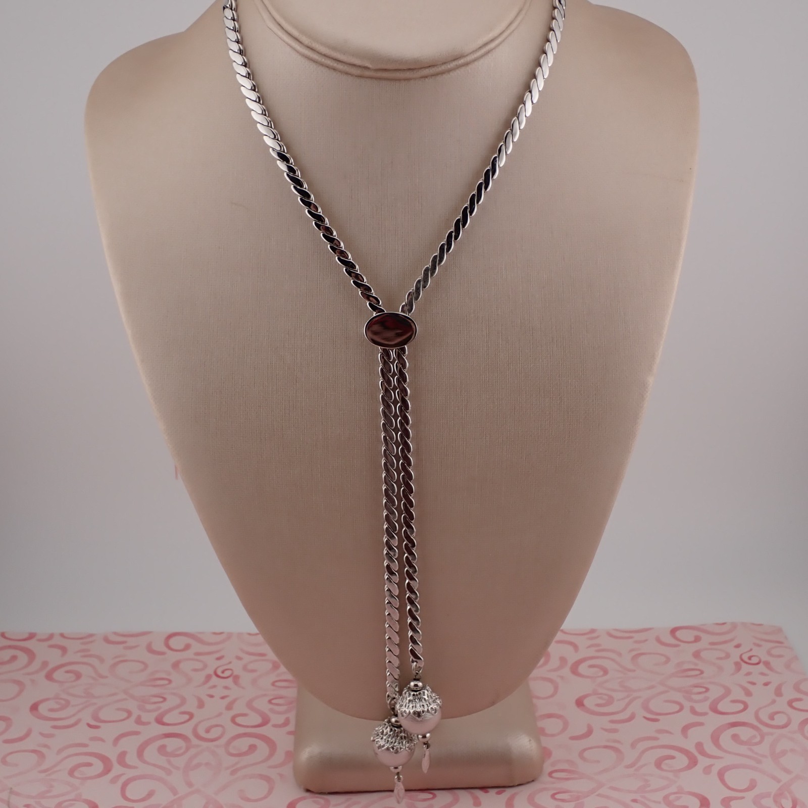 Monet Lariat Slide Silver Tone Cobra Filigree Dangle Ball Adj to 20″ Necklace