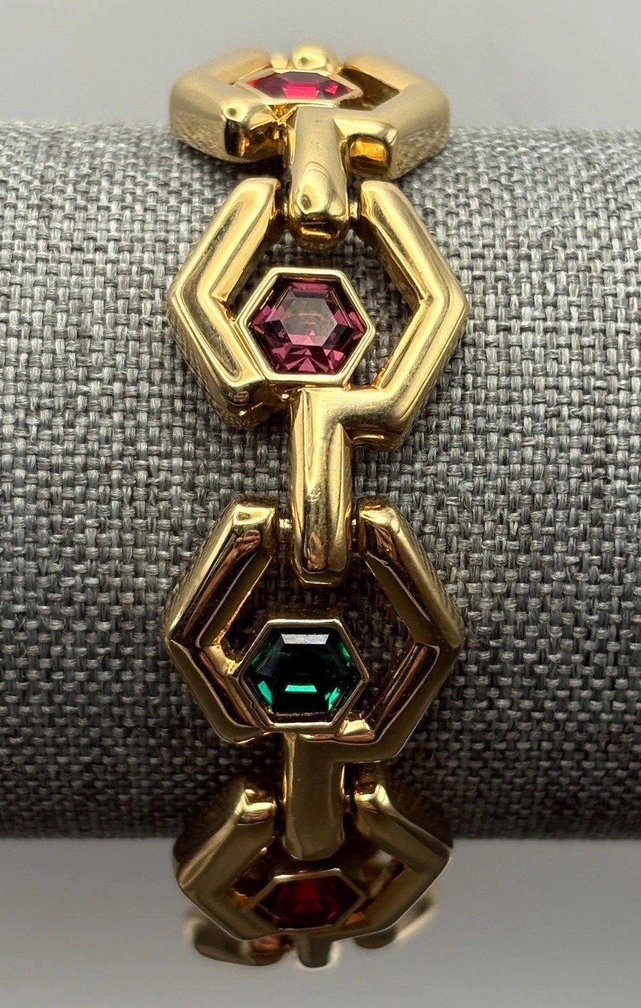 VTG 80s SWAROVSKI SWAN Gold Tone Hexagon Link Bracelet Green Purple Red Crystal