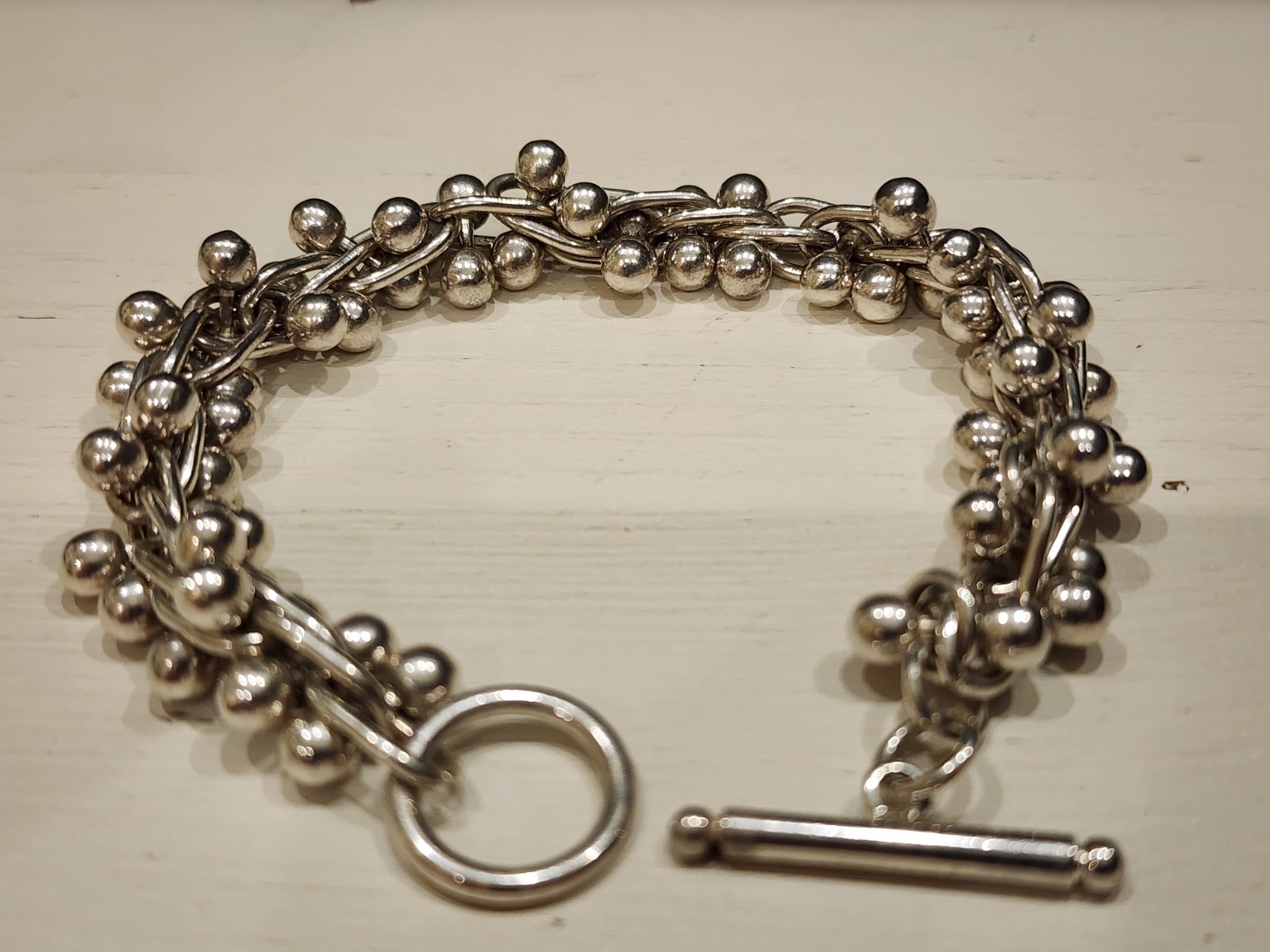 Vintage Heavy Silver Tone Ball Bead Cha Cha Toggle Bracelet 49g Statement 7.5″
