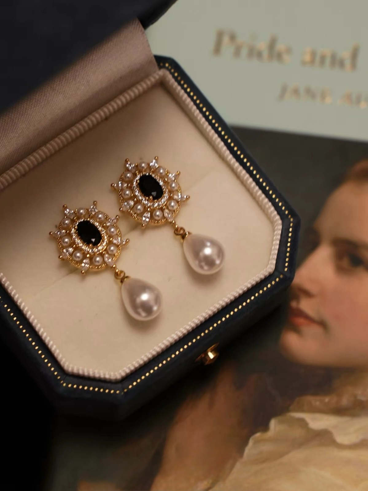 Vintage Black Stone Pearl Drop Earrings Gold Tone Elegant Bridal Dangle
