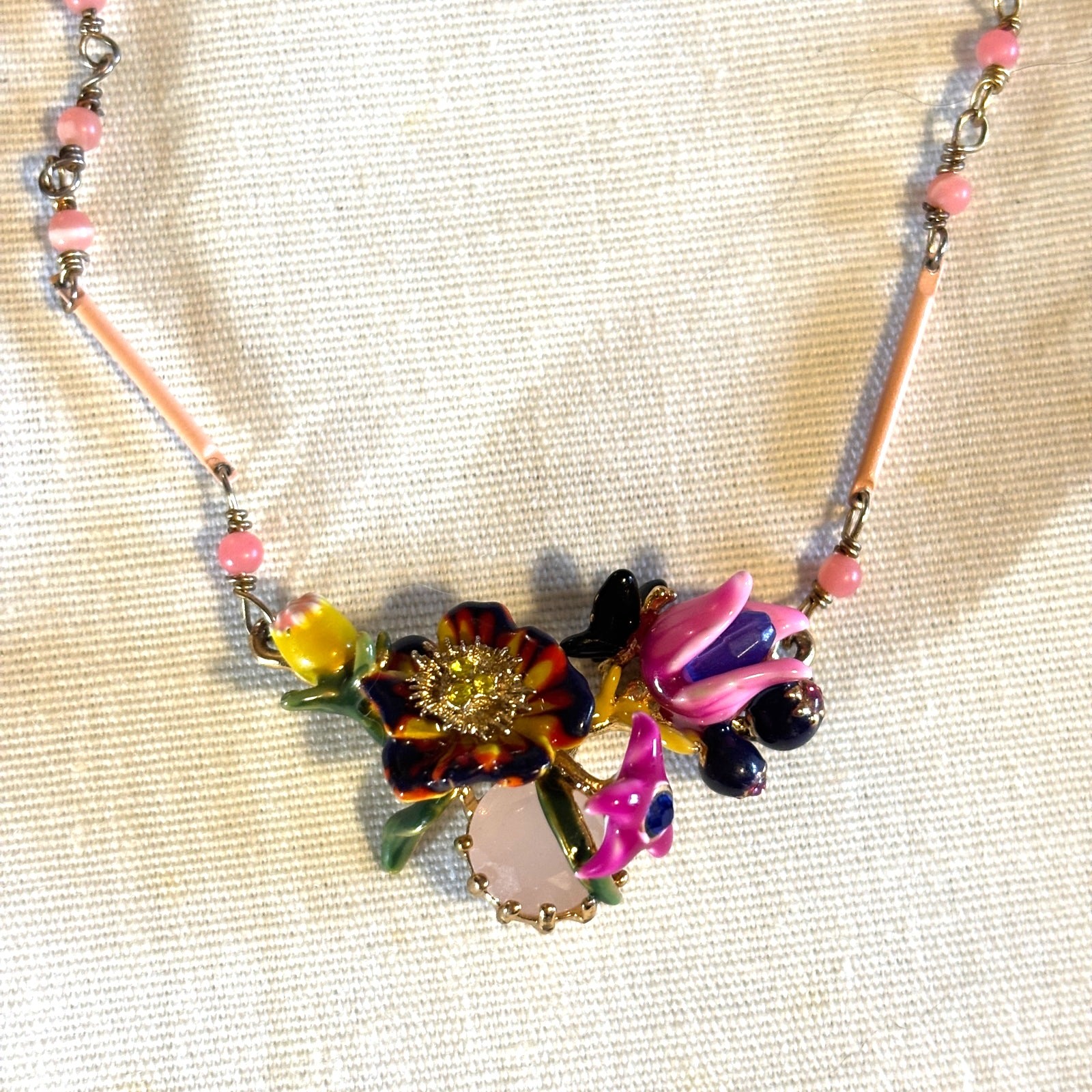 Les Nereides Paris Enamel Floral Necklace Hand Painted French Designer 19″