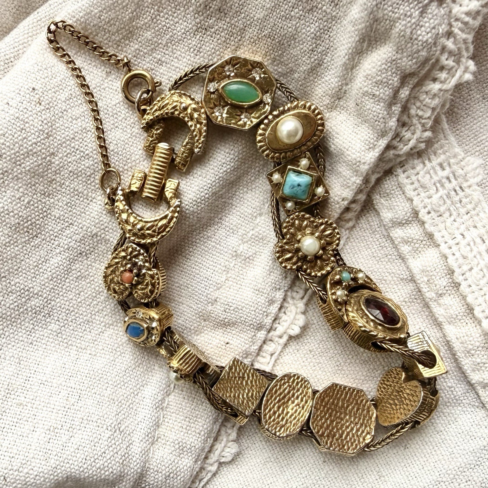 Vintage Goldette NY Victorian Revival Slide Charm Bracelet Safety Chain Signed