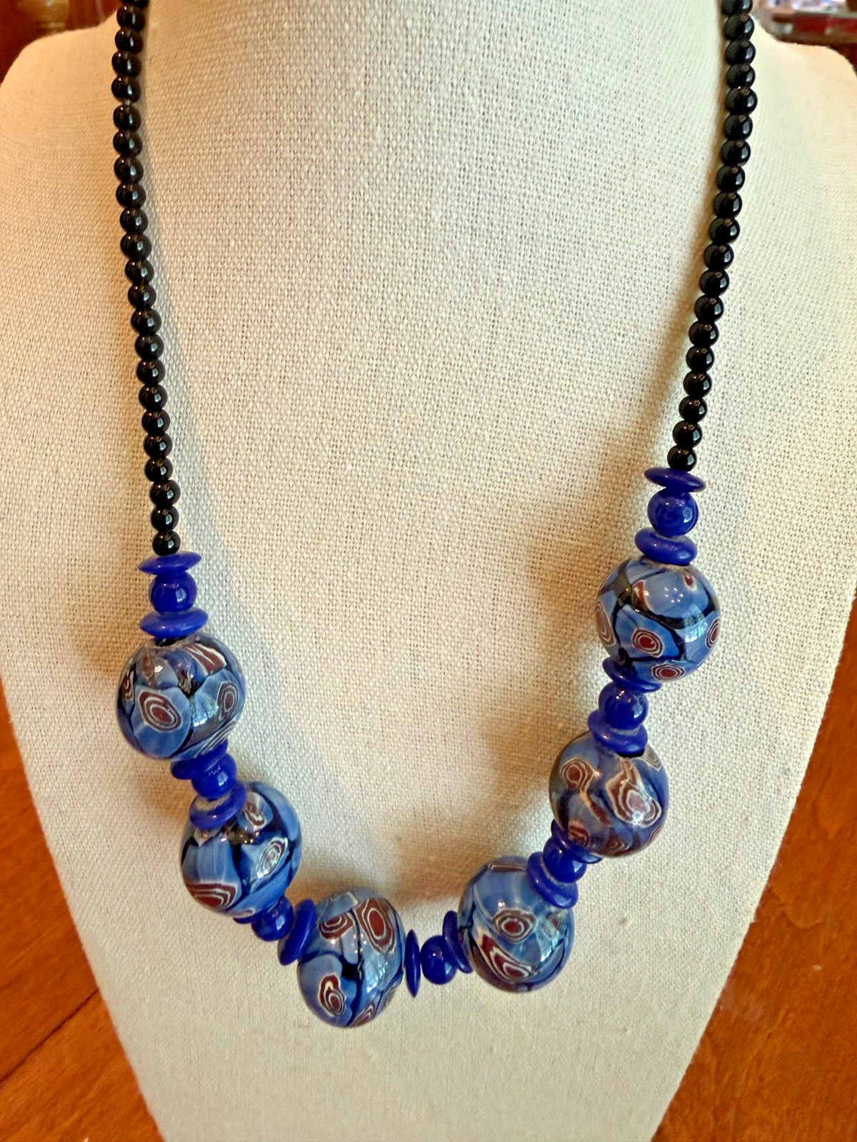 Vintage Blue Glass Bead Necklace Lampwork Excellent 19 inches European