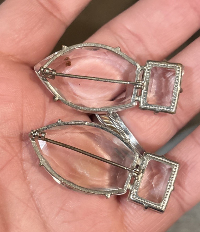 Vintage Pair Of Deco Czech? Clear Crystal Pin Brooch Silver Tone