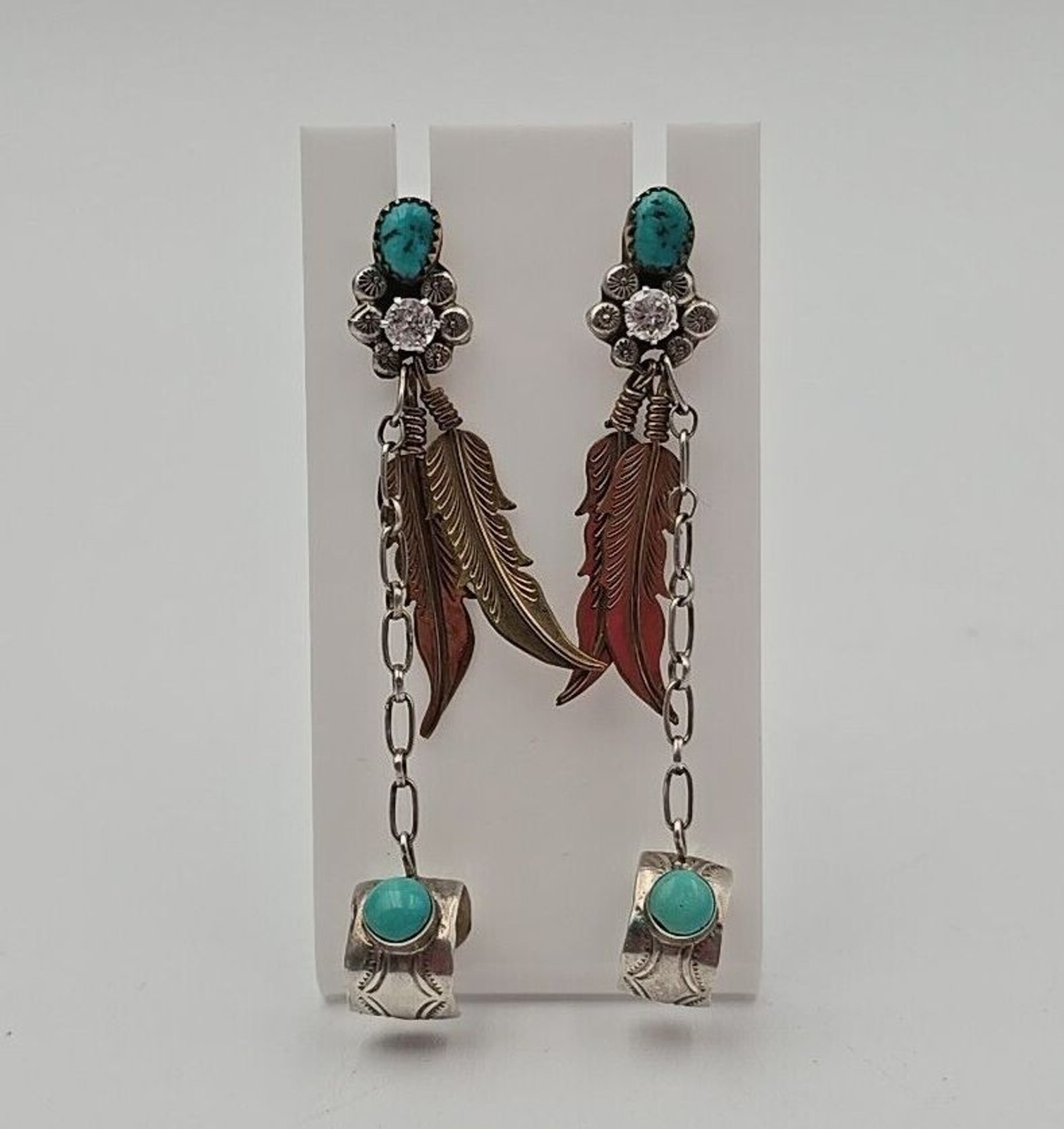 Silver Tone w/ Copper Tone Feathers Turquoise Rhinestone Dangle Earrings w/ Cuff