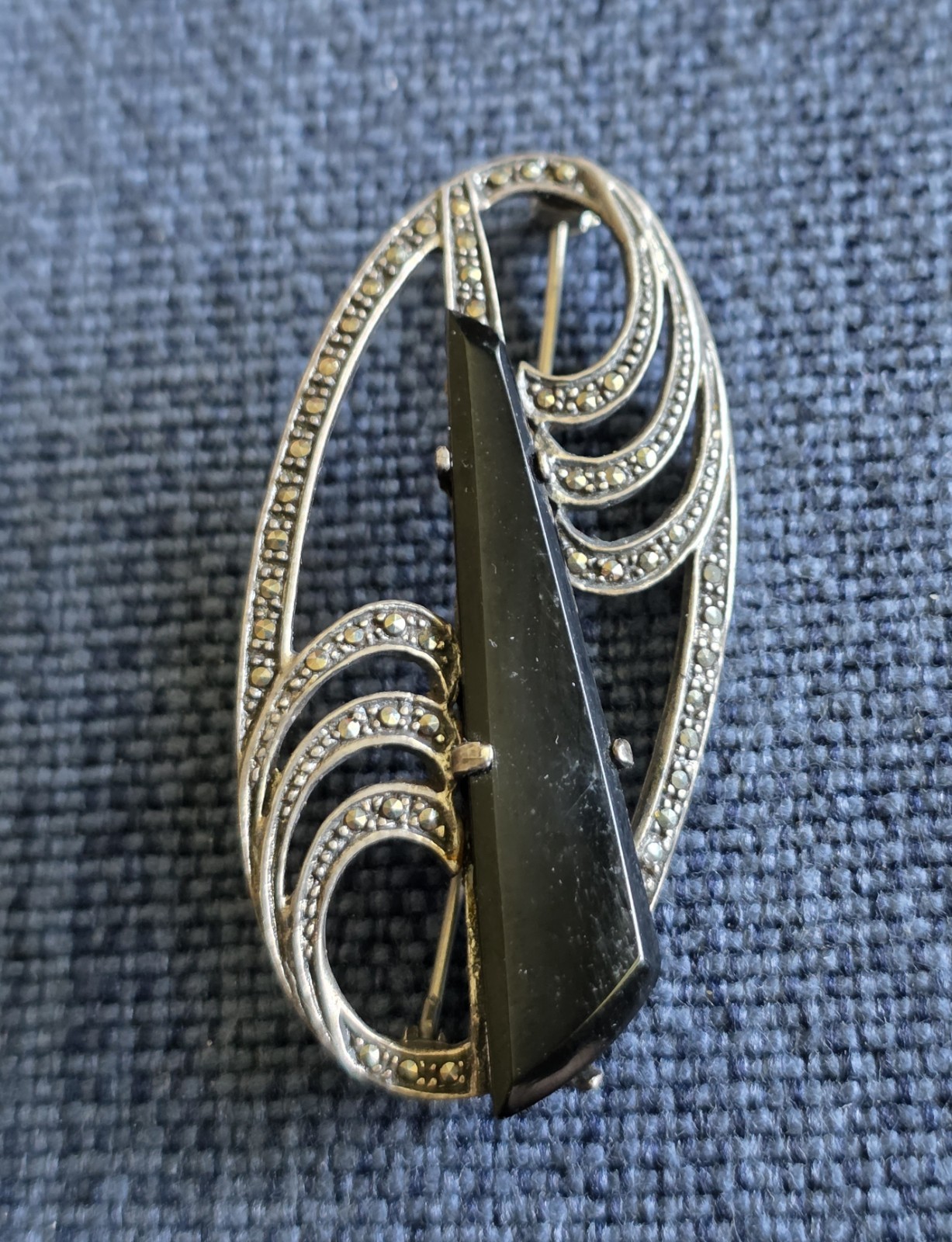 1980 German-Imported Oval Onyx & Marcasite 2.25″ Sterling Pin