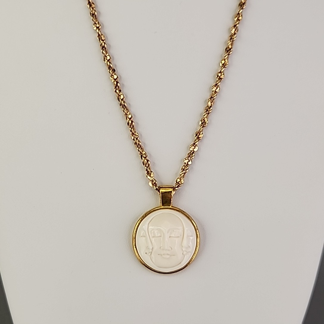 Vintage Triple Moon Face Pendant Necklace Crisscross Gold Tone Chain 22″