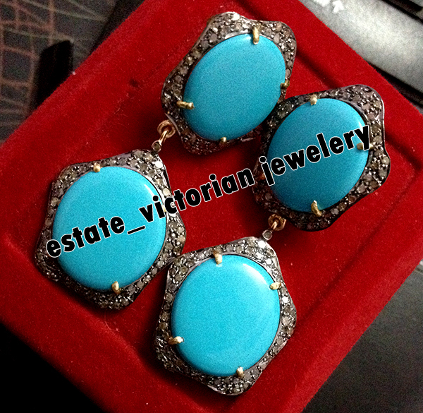 3.40ct Rose Cut Diamond Turquoise Studded Silver Vintage Amazing Earring Jewelry