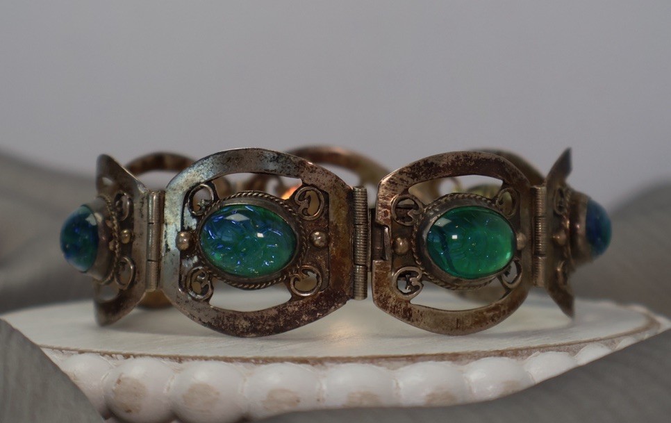Vintage Mexico Sterling Silver 925 Cabochon Stone Bracelet 30G / 7.5in